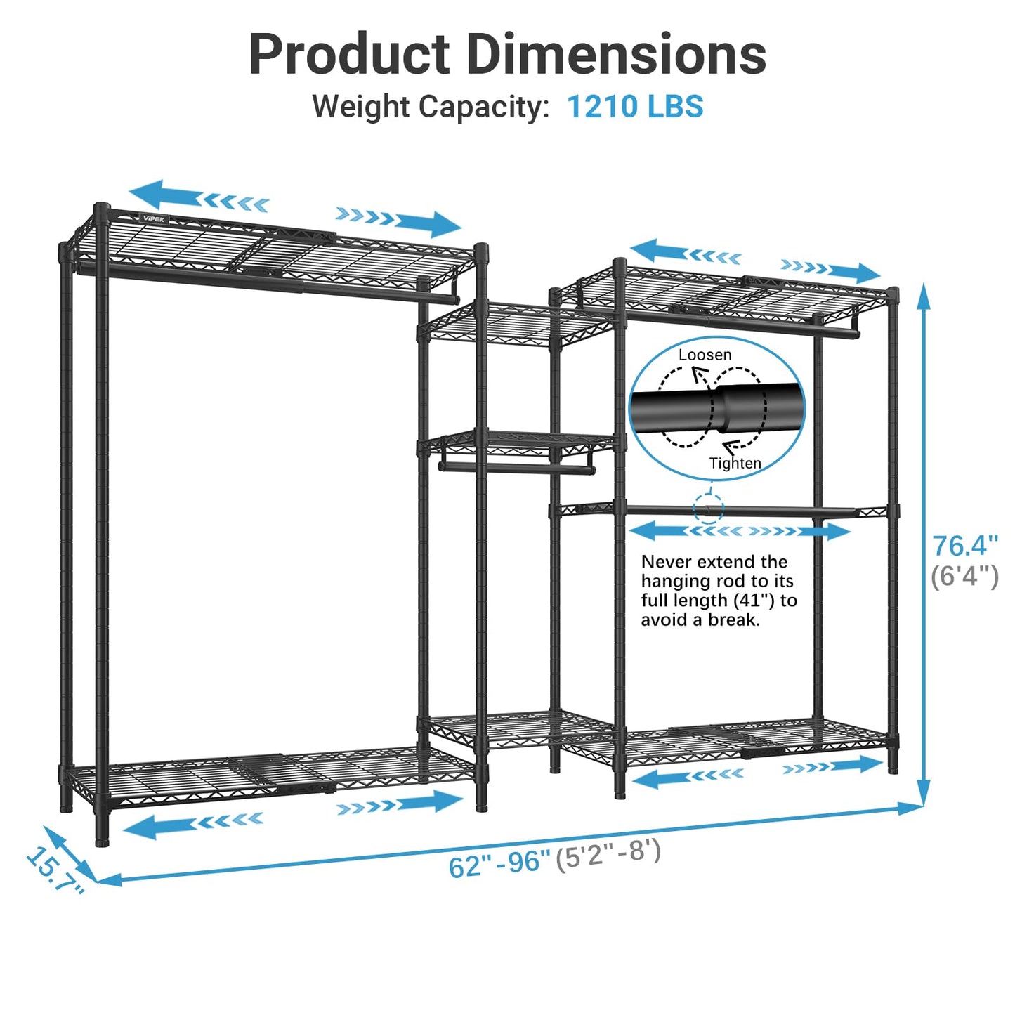 VIPEK Classic V6X Dynamic Closet System, Expandable Freestanding Clothes Rack with Shelves & Hanging Rods, Adjustable Width 62"-96", Modular Metal Clothing Rack Organizer for Reach-in Closet
