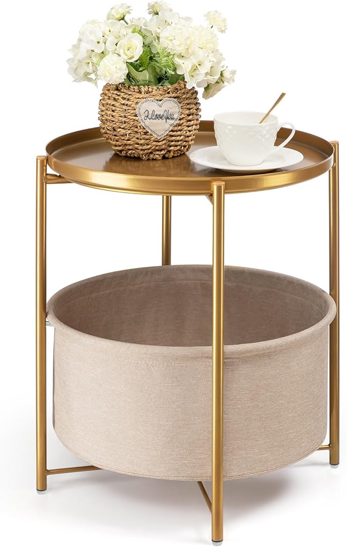 danpinera Gold Side Table with Fabric Storage Basket, Metal Round Side Small