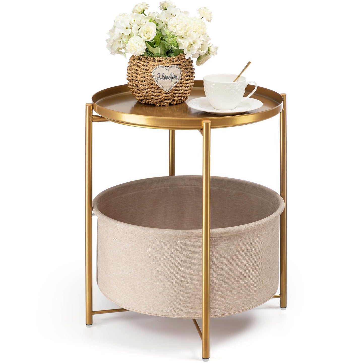 danpinera Gold Side Table with Fabric Storage Basket, Metal Round Side Small Bedside Table Nightstand with Removable Tray for Living Room, Bedroom, Outdoor Table for Patio, Nursery, Bathroom, Gold