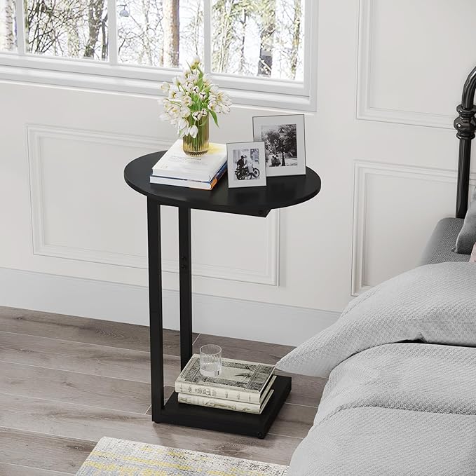Hosfais Small Side Table End Table, C-Shaped Wood Coffee Table TV Tray