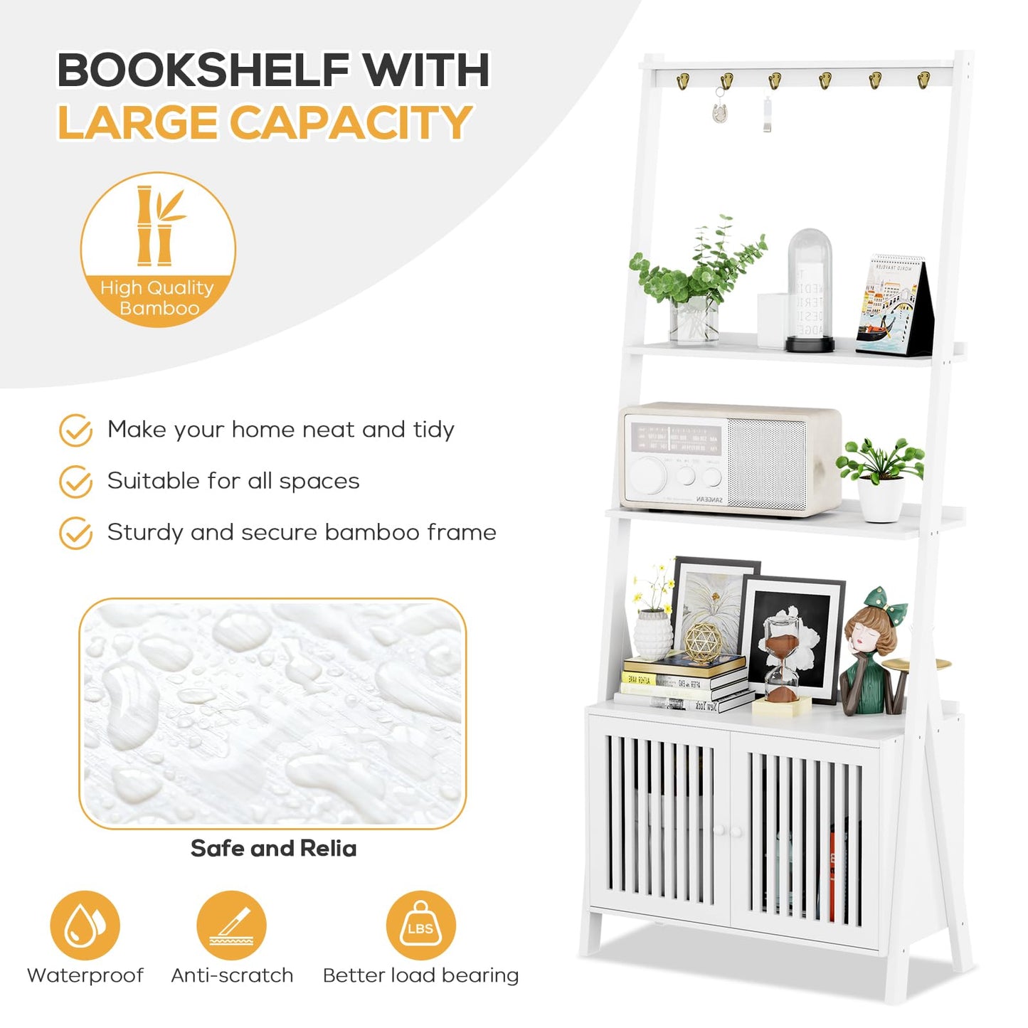 Bookcase with Drawers, 4-Tier Bamboo Bookshelf Ladder Shelf with 6 Hooks, 59.5"H x 24.8"L x 10.6"W, Tall Narrow Freestanding Standing Storage Organizer for Living Room, Office, Bedroom, White