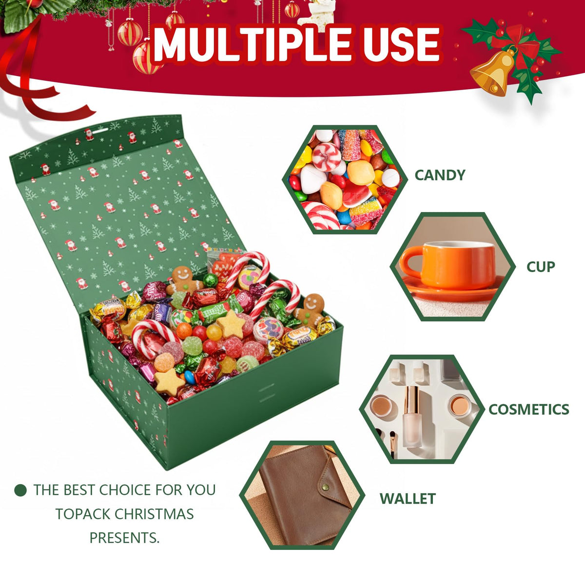 Dimore Christmas Magnetic Gift Boxes with Lids, Collapsible Hardboard Gift Packaging, Red & Green Holiday Boxes for Presents, 4 Pack (Multiple Sizes) (4Pack Christmas 9.5"*6.9"*4.2")
