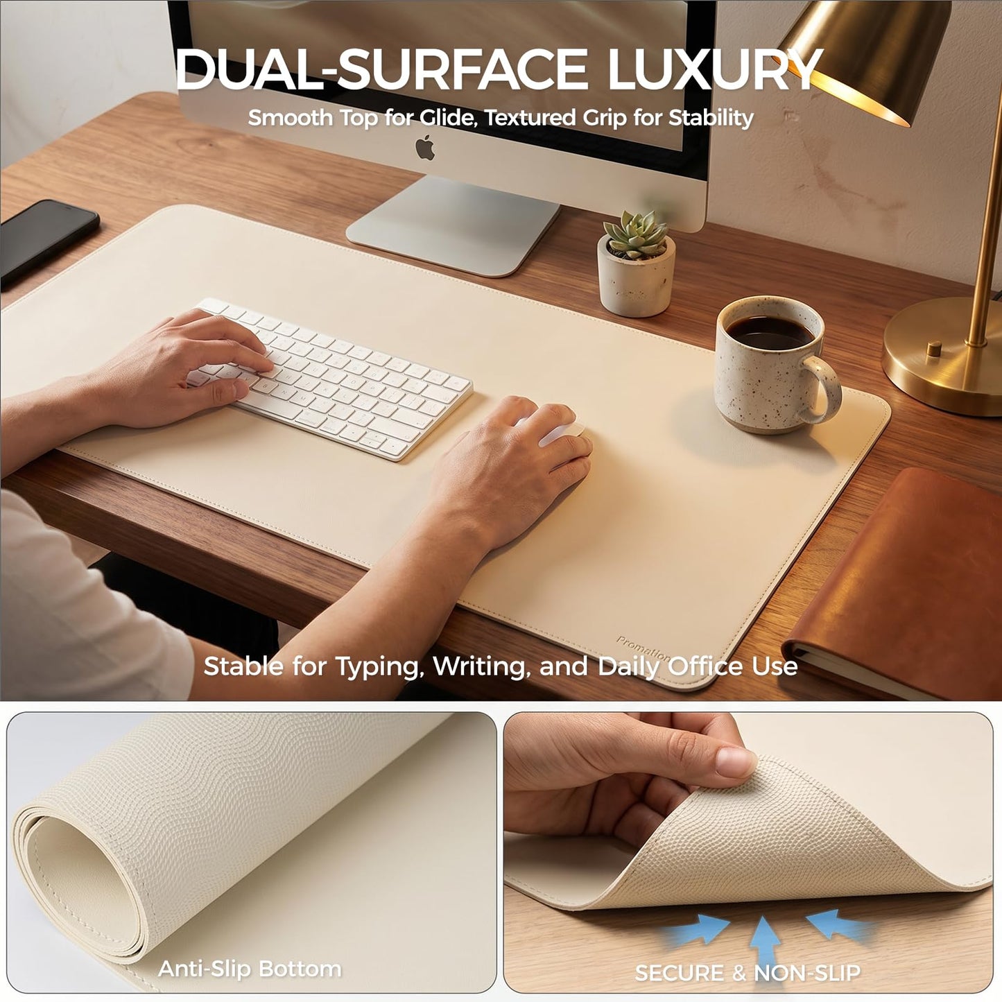 PROMATTOO Large Desk Pad Non-Slip Desk Mat Protector for Keyboard Mouse Waterproof Vegan Leather Surface Faux Leather Laptop Mat Smooth Mouse Pad Premium Gift Tube Creamy White 31.5" x 15.7"