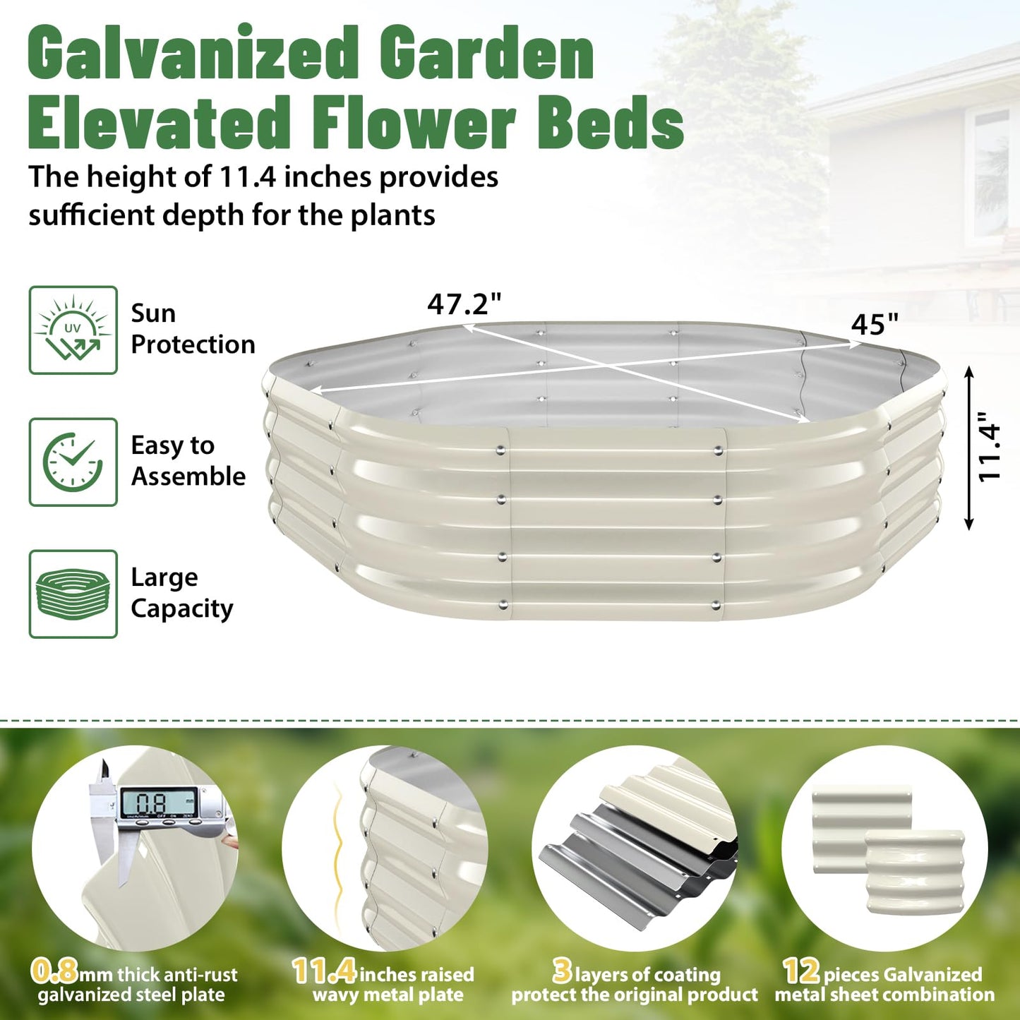 Hexagon Raised Garden Bed, 48 Inch Diagonal & 12 Inch Tall, Galvanized Steel Planter Box with Wave-Shaped Metal Panels for Outdoor Flower,Tree,Herb & Vegetable Garden (Cream white, 4FT X 1FT)