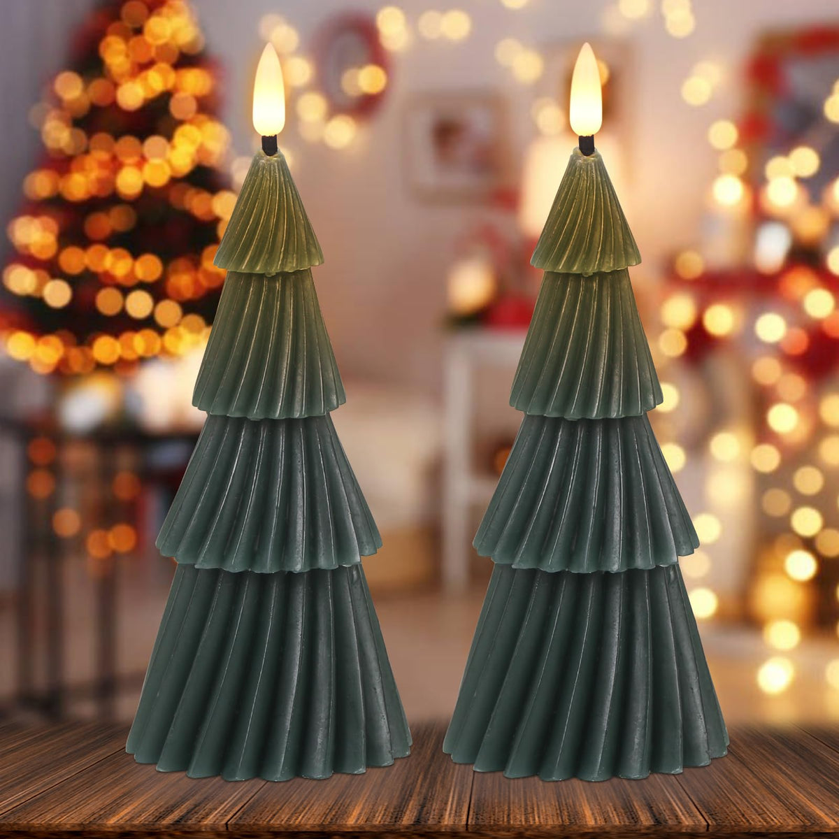 Wondise Christmas Tree Flameless Candles with 6hrs Timer, Real Wax Battery Operated 3D Wick LED Candles Flameless Flickering Candles for Christmas Holiday Decor (2 pcs 3" x 7.1")