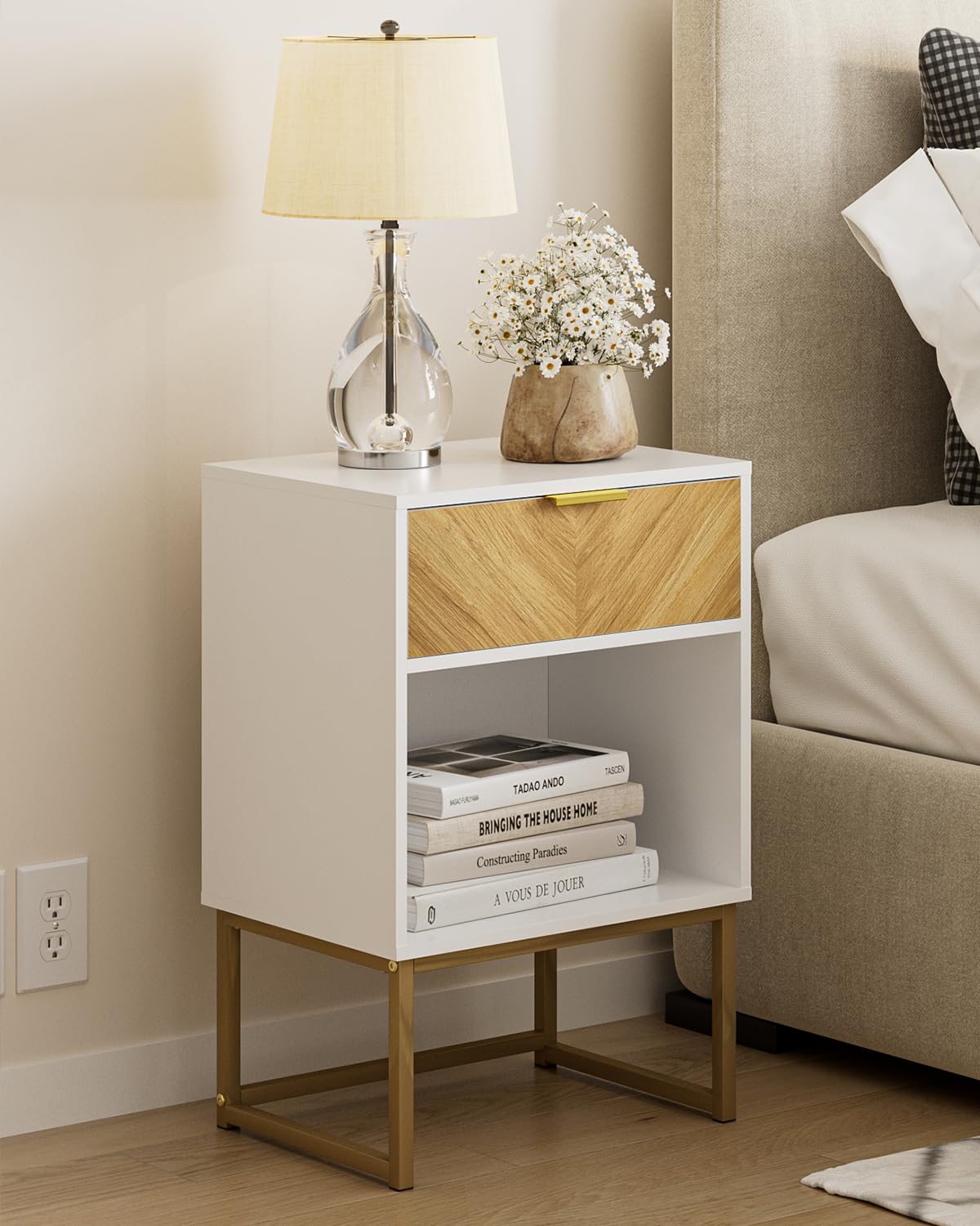 Masupu Night Stand,Bed Side Table Modern Nightstand Boho Wood with Storage Drawer Side End Table for Bedroom,Living Room,Office,White