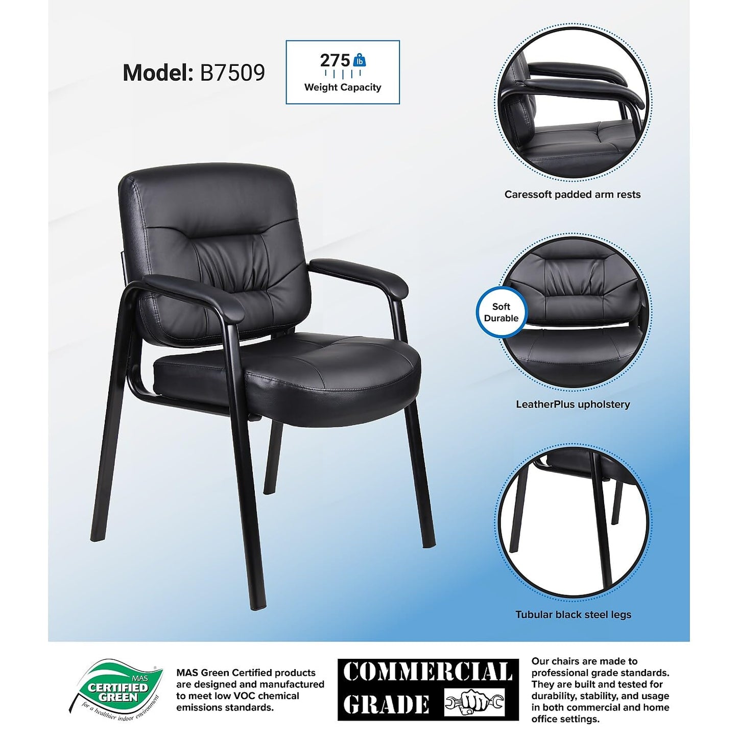 Boss Office Products Executive Mid Back LeatherPlus Guest Chair in Black (B7509)