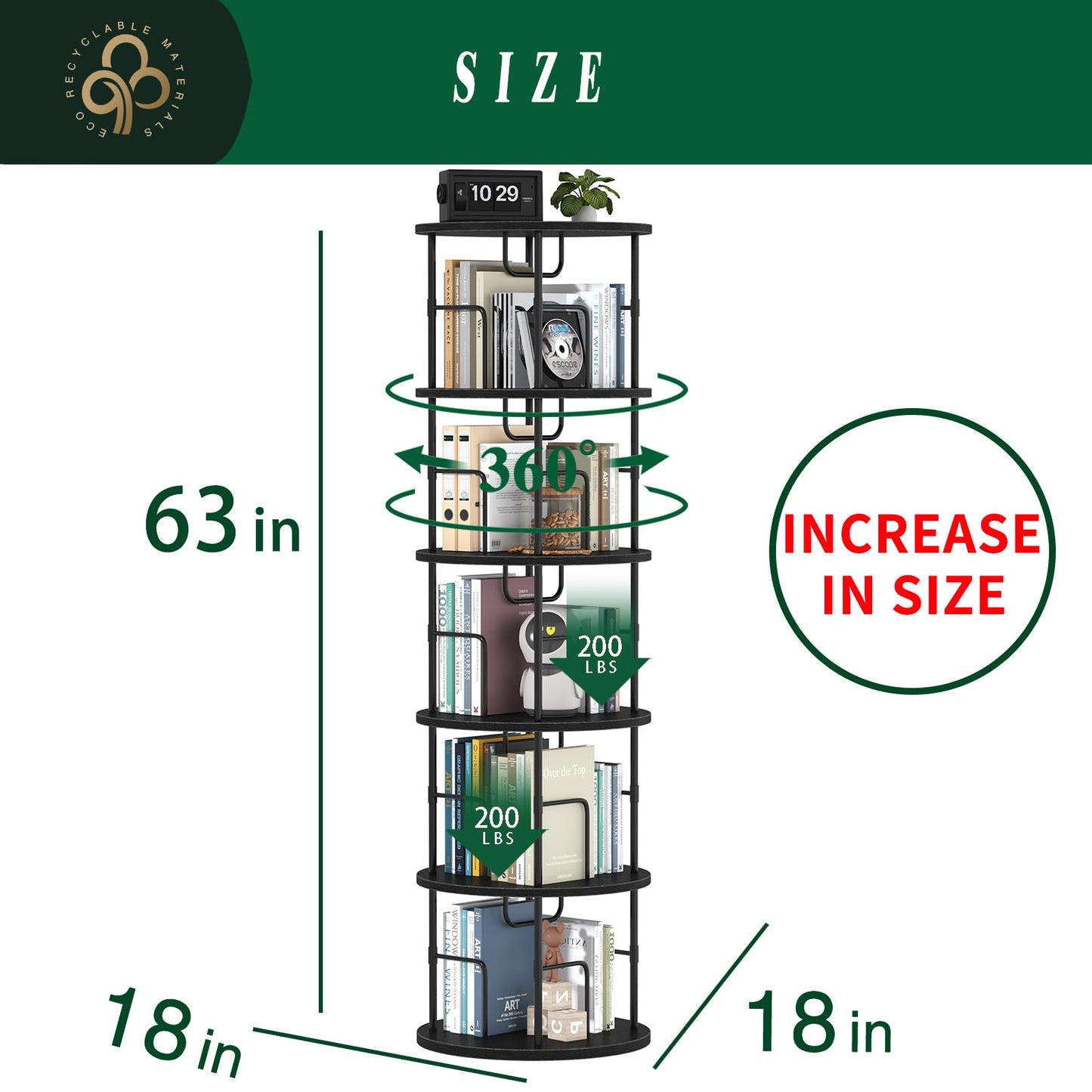 swlongbooks 5Tier Rotating Bookshelf, Spinning Bookshelf Tower,360 ° Display Space Saving Standing Round Swivel Bookcase Corner Storage Organizer for Bedroom Living Room Office，Black