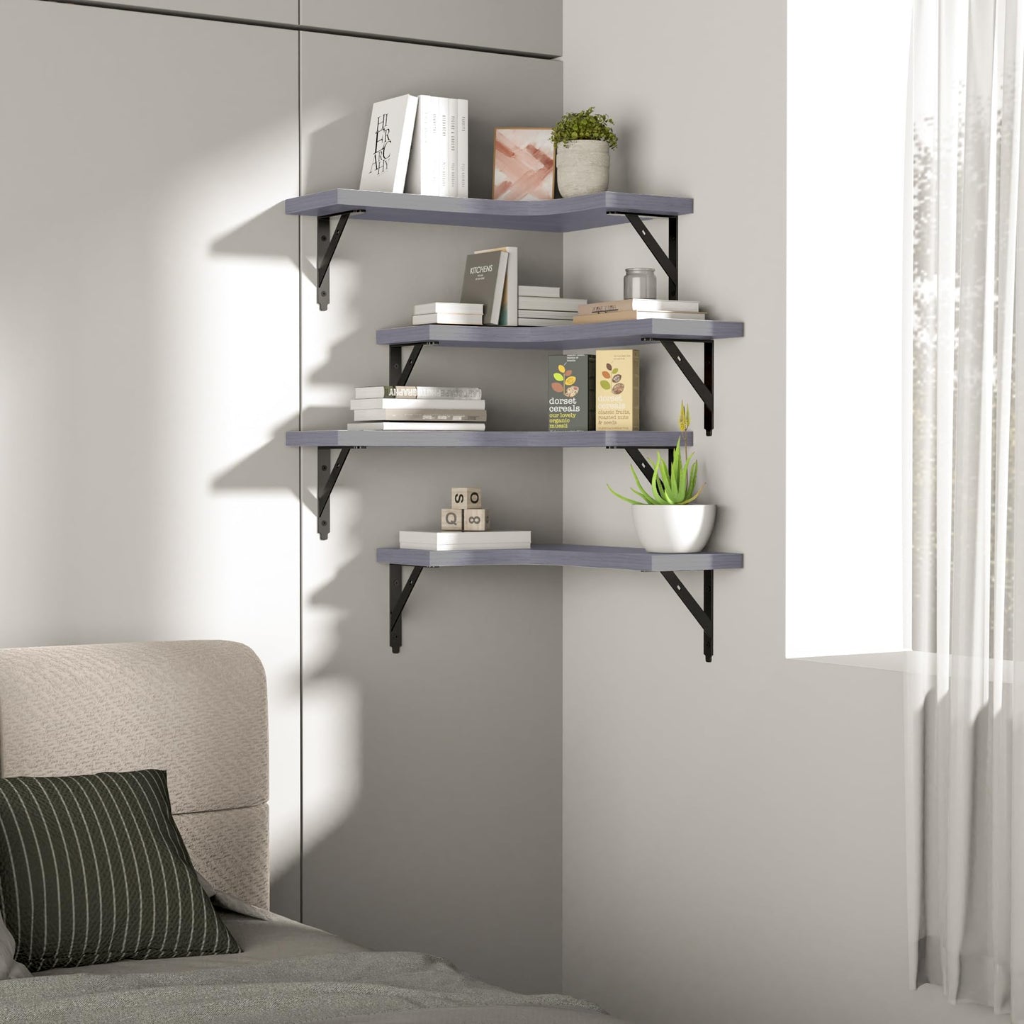ROMGUAR CRAFT Corner Floating Shelves Wall Mounted Set of 4, Rustic Wood Storage Display Shelves for Home Decor, Bathroom, Kitchen, Bedroom, Living Room, Office (Light Grey)