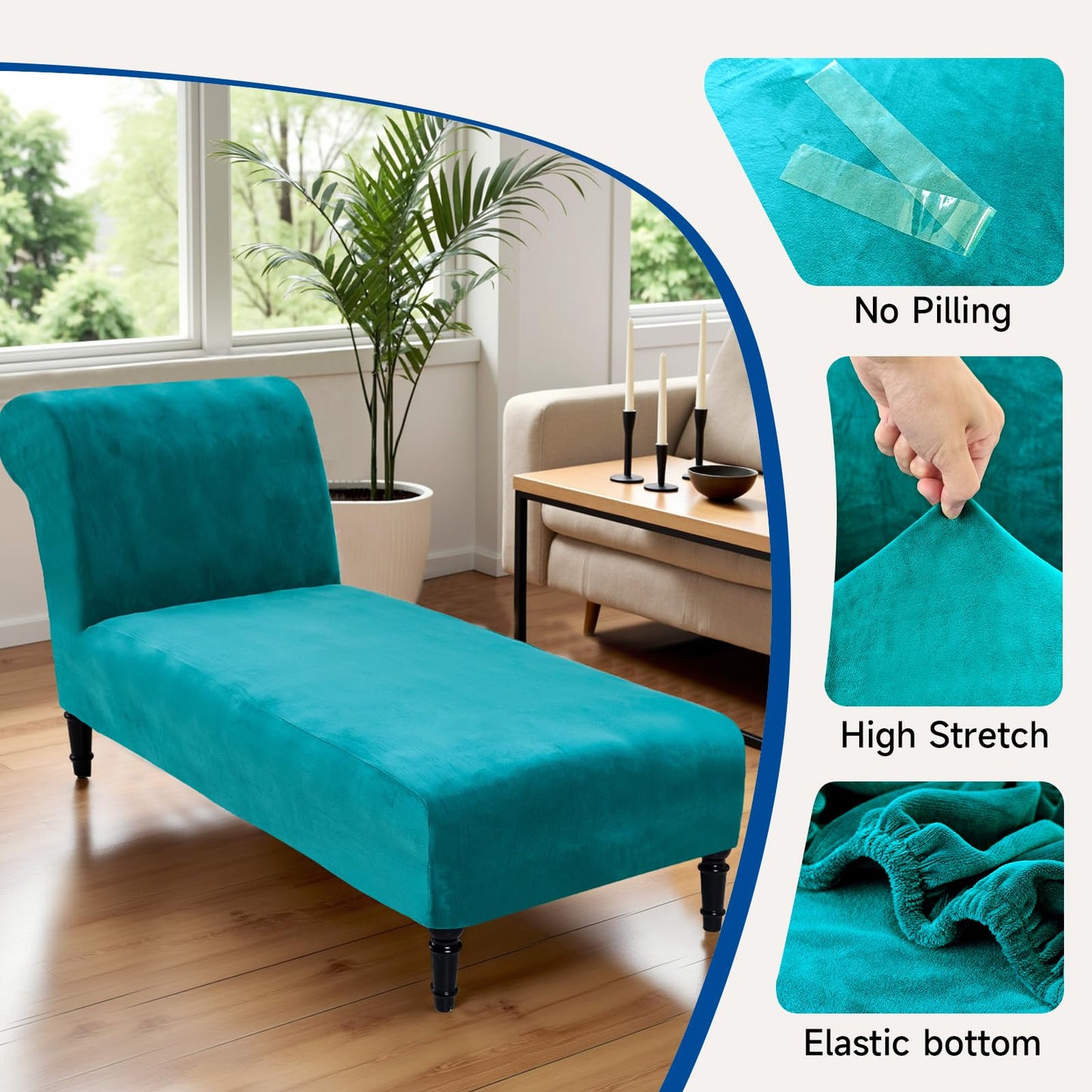 Velvet Chaise Lounge Cover Indoor Armless Chaise Slipcover Luxury High Stretch Ultra Soft Lounge Chair Covers Modern Machine Washable Chair Cover for Living Room Bedroom Furniture, Peacock Blue