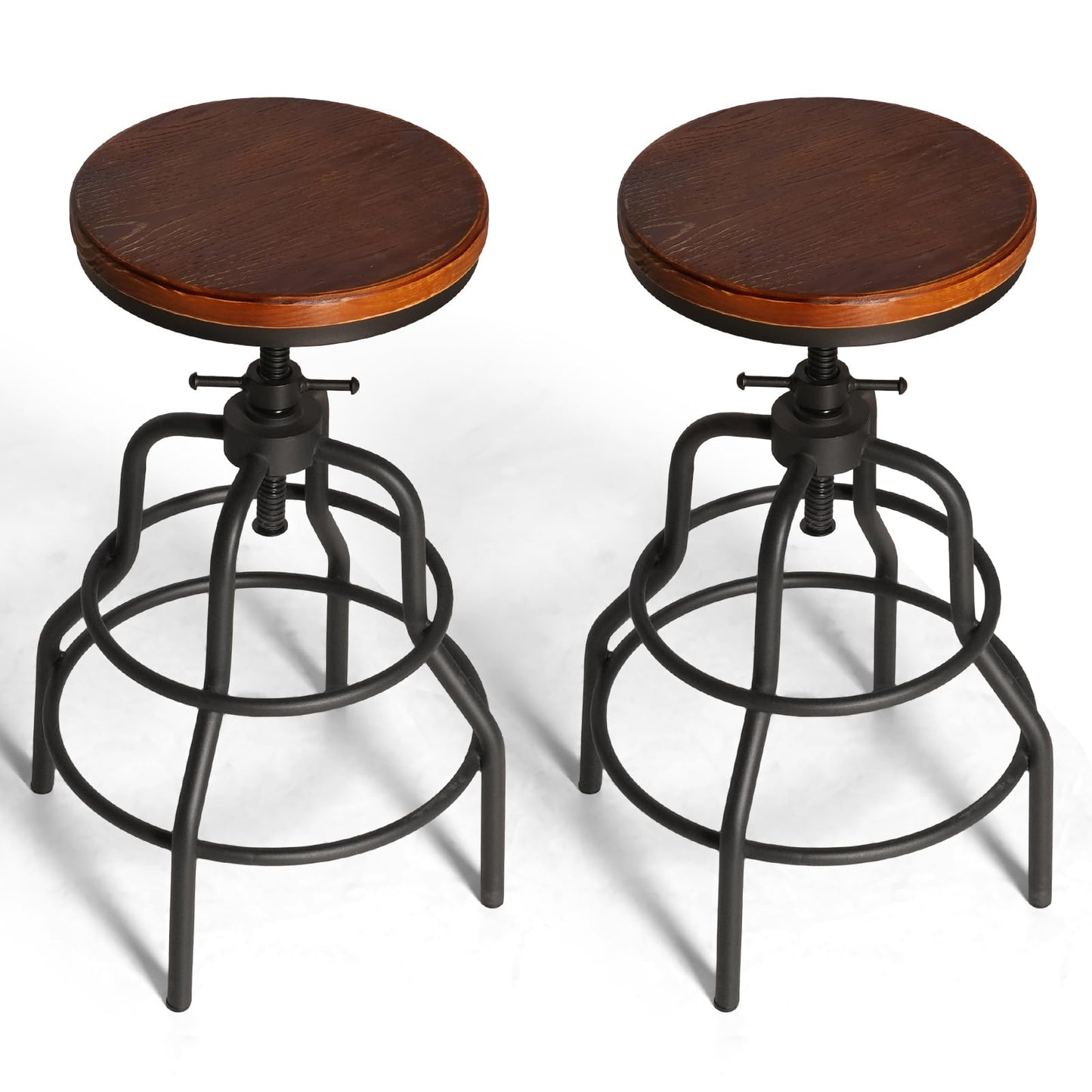 LOKKHAN Vintage Industrial Barstools - 13.8" Dia Round Wooden Brown Seat - Black Metal Base - Adjustable Height: 23.6"-29.5" / Minimalist Design/Raw Rustic Look/Rotating Top Bar Chairs, Set of 2