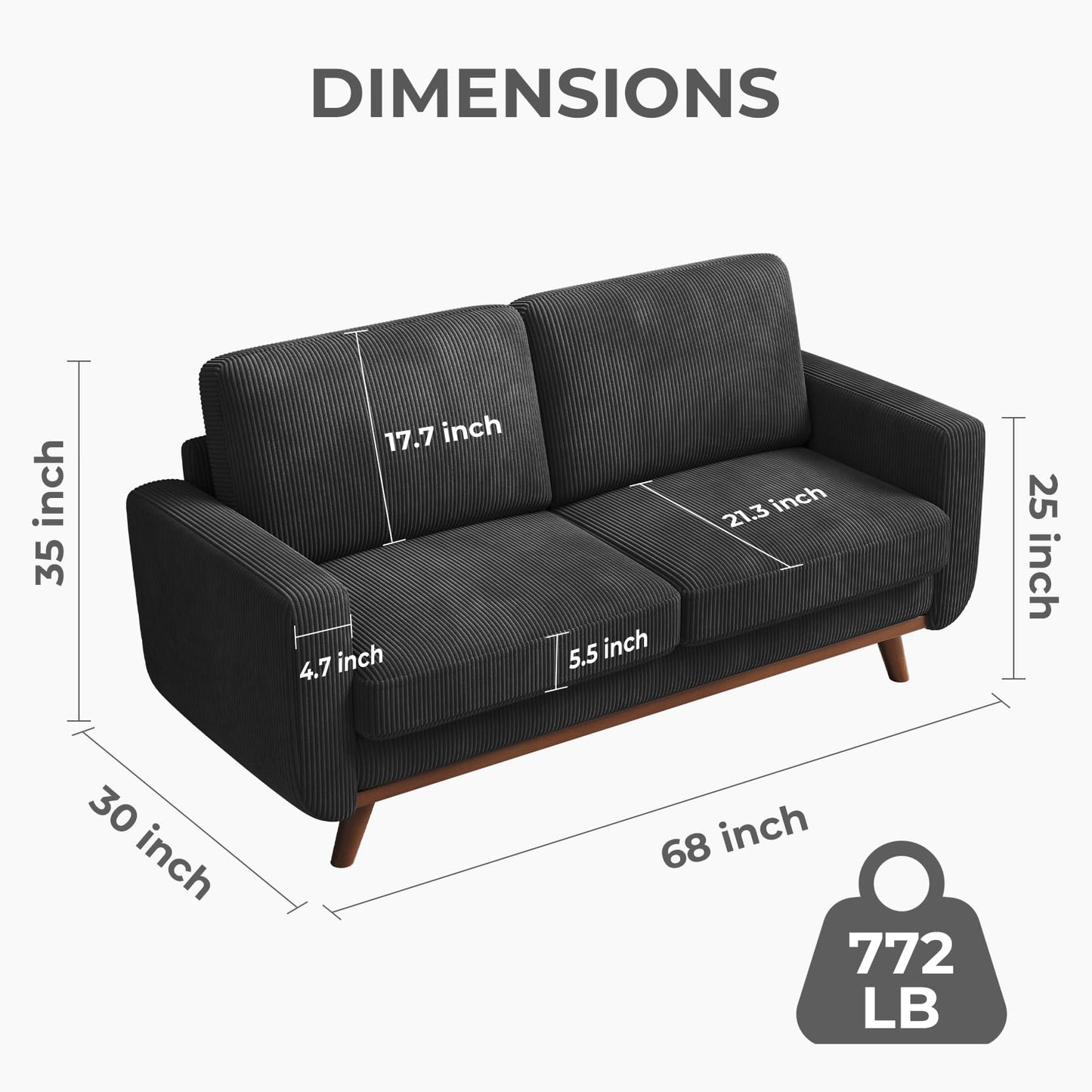 Vesgantti 68" Black Corduroy Loveseat Sofa, Modern Deep Seat Couch with Spring Cushion & Solid Wood Frame, Comfy Upholstered Loveseat for Living Room, Bedroom, Office & Small Space