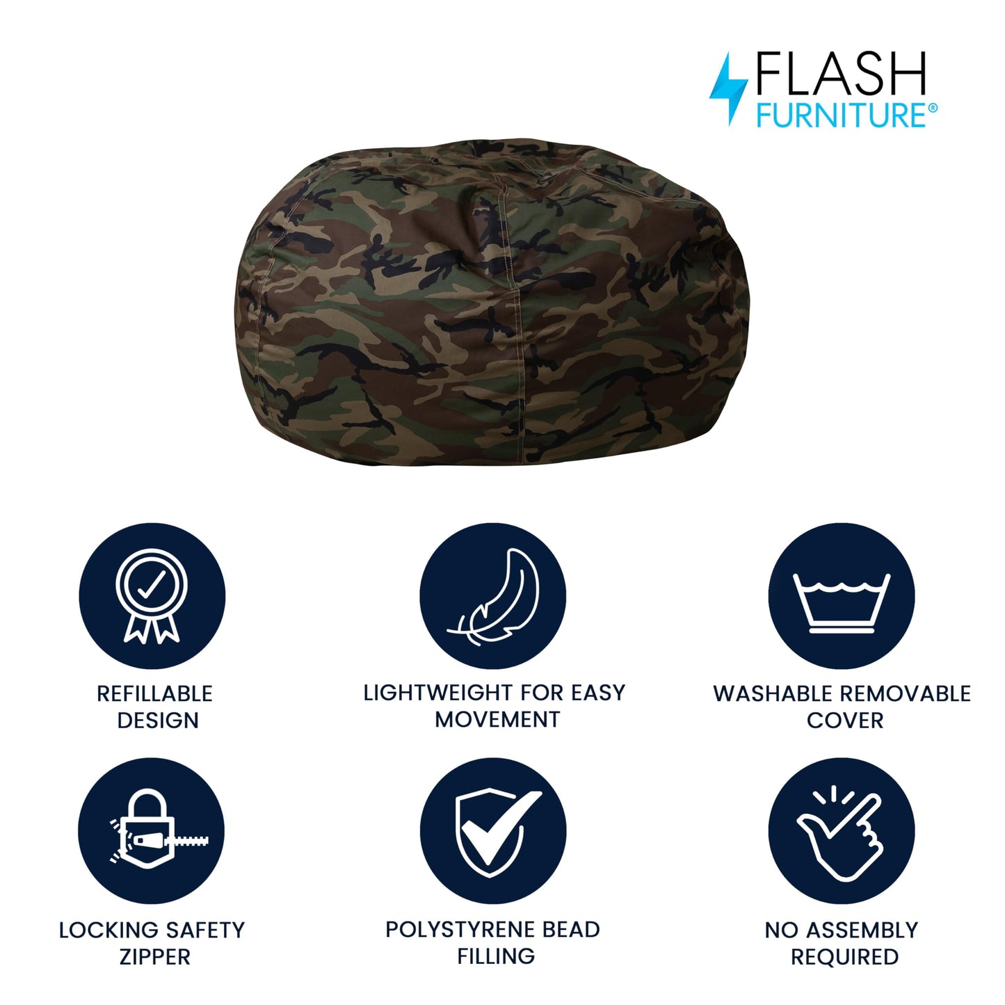 Flash Furniture Duncan Oversized Bean Bag Chair for Kids and Adults, Foam-Filled Beanbag Chair with Machine Washable Cover, Camouflage
