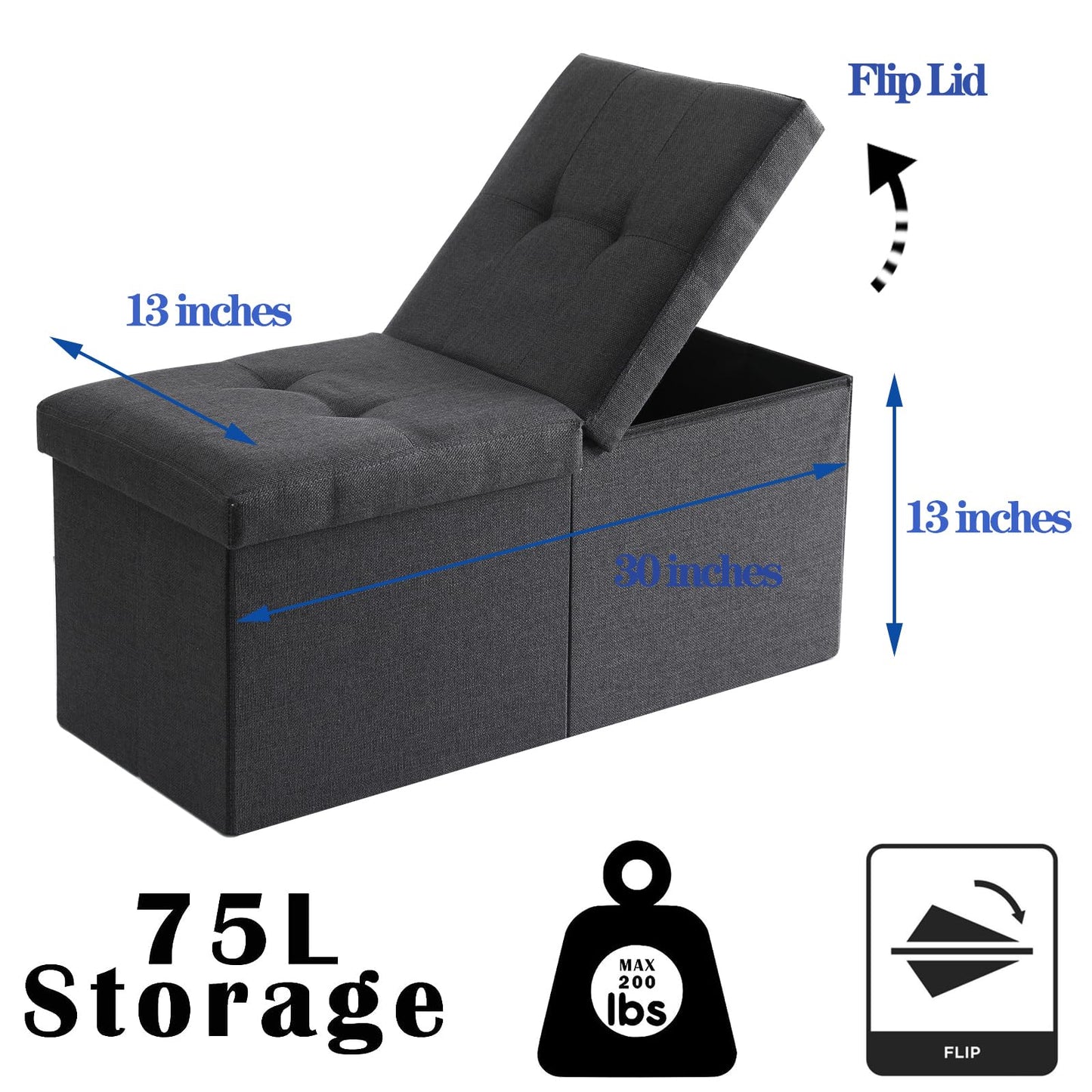 CUYOCA Storage Ottoman Bench Foldable Seat Footrest Shoe Bench End of Bed Storage with Flipping Lid, 75L Storage Space, 30 inches Linen Fabric Emerald, OT026DGN
