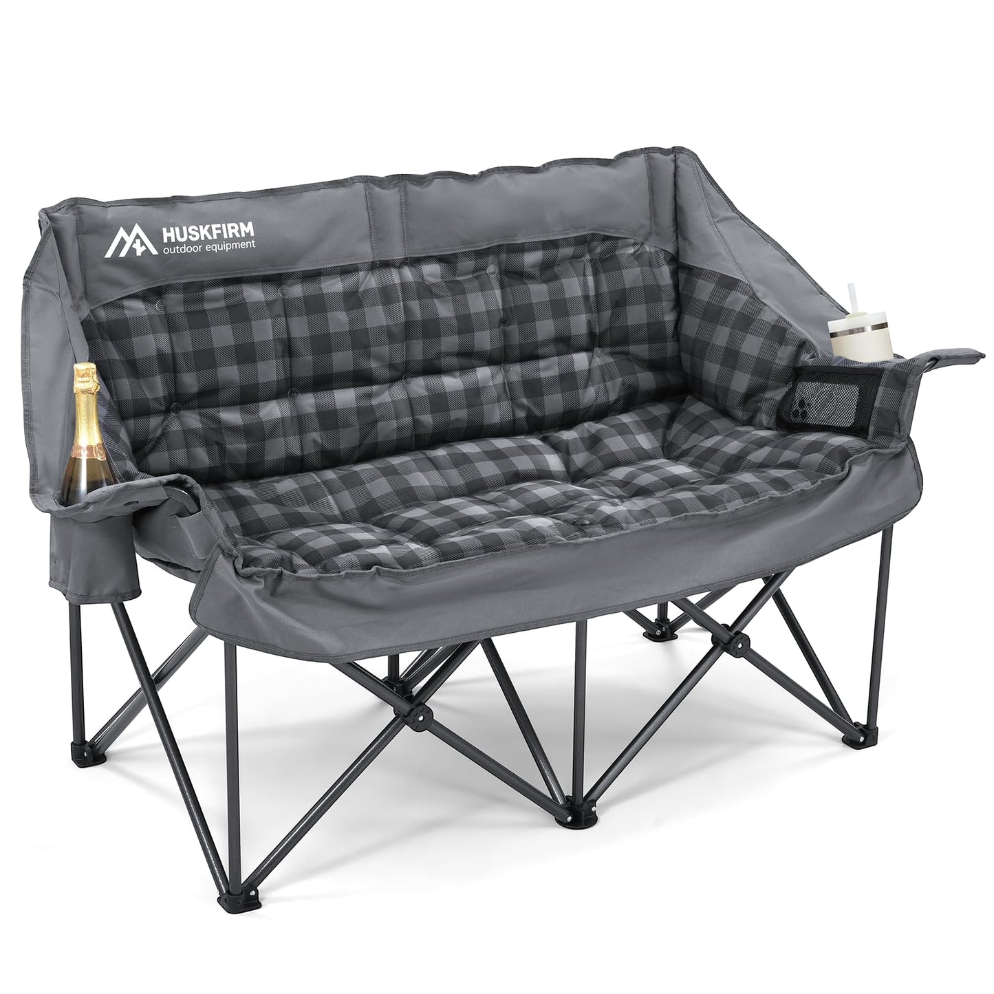 Double Camping Chairs Padded Loveseat Chair for 2 Person - Heavy Duty Oversized Camping Couch for Adults Outdoor Lawn Beach - Portable Folding Sofa with Cup Holders and Carry Bag, Grey