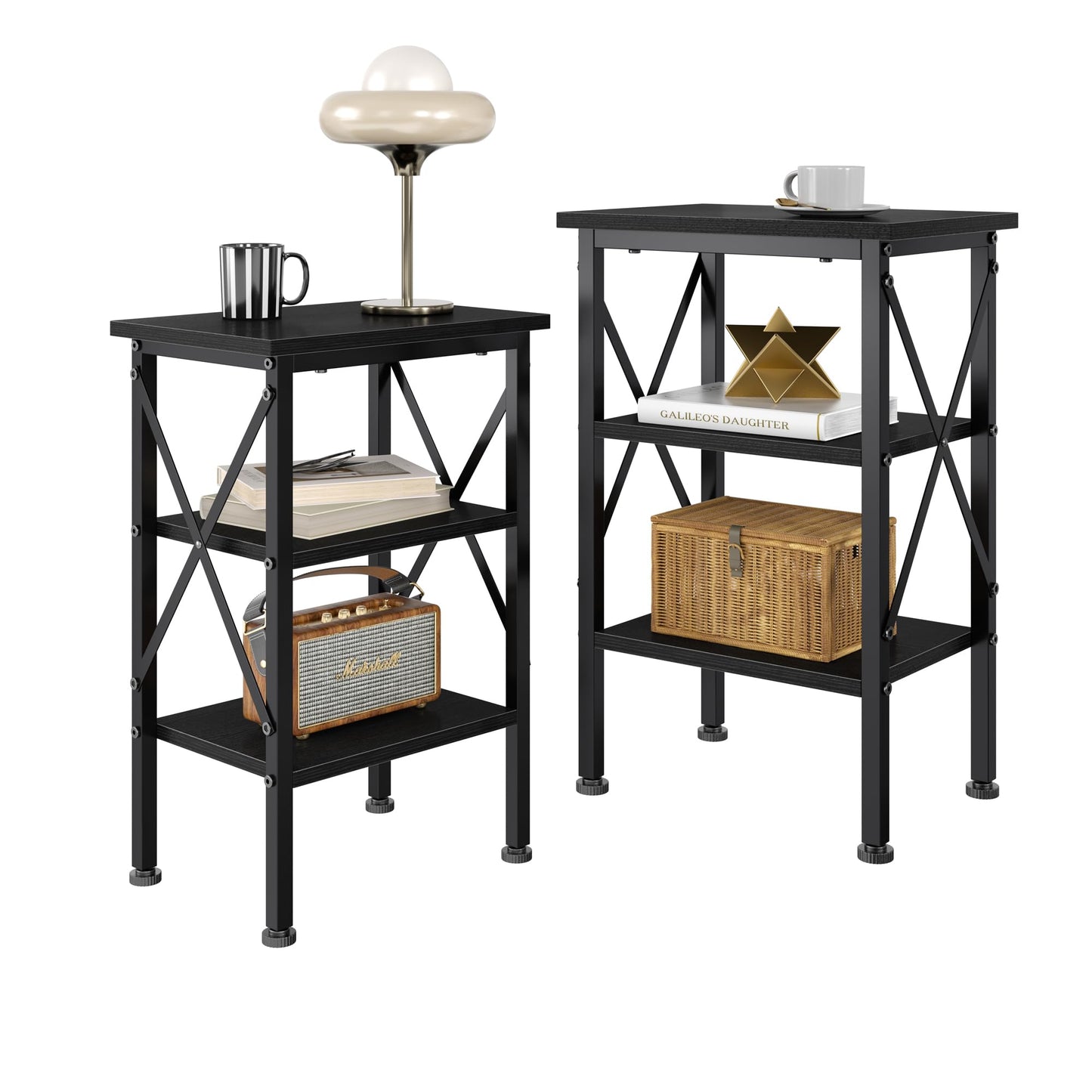 VECELO End Table Set of 2, Bedside Table, 24" Tall Living Room End Tables, X-Design Reinforced Nightstands, Side Table with 3-Tier Storage Shelves for Small Spaces, Office, Bedroom, Classic Black