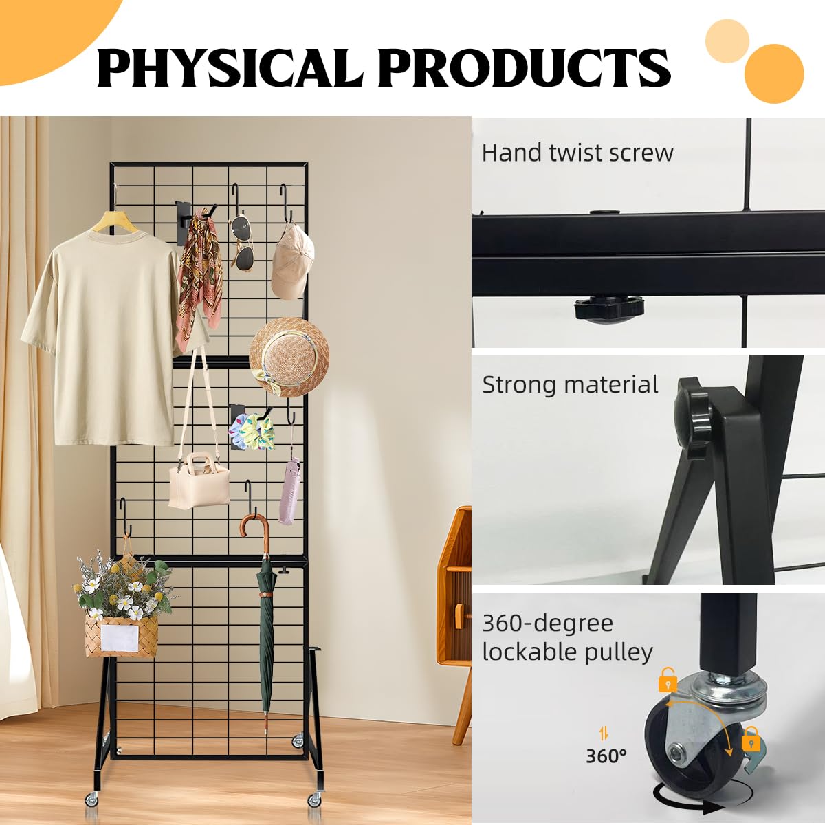 ZERTNROW Heavy Duty Adjustable Grid Wall Panels, Foldable Gridwall Panels with Braked Wheels-Included 24 Hooks，Suitable for Art Fairs Craft Display Retail Storage