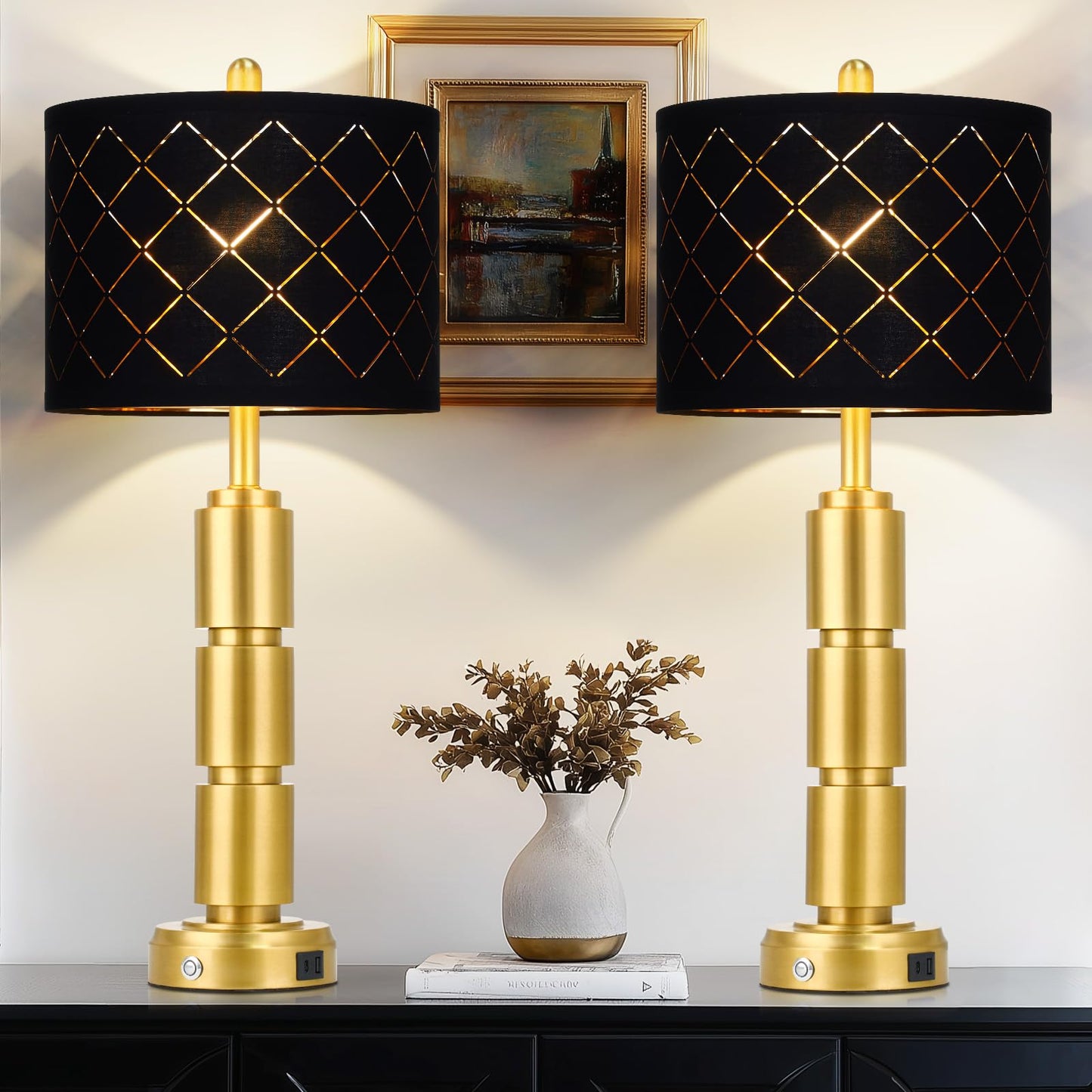 luxeflow Set of 2 Modern Table Lamps for Living Room Bedroom,29" Tall Bedside Lamp with 2 USB Port,Gold Metal Touch Nightstand Lamp with Black Grid Shade for End Table Entryway,Gold
