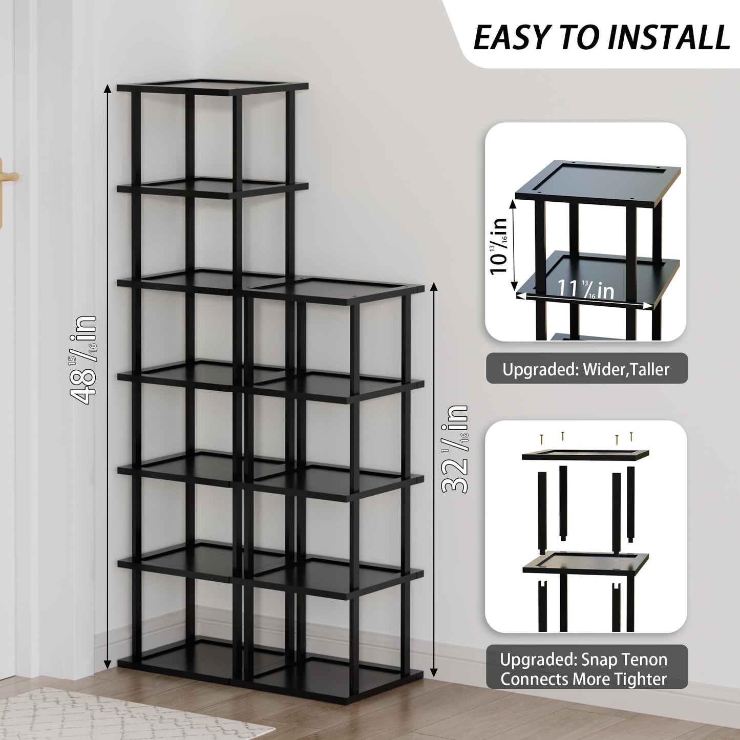 Vertical Tall Shoe Rack Organizer for Entryway -12 Tier Free Standing Slim Narrow Bamboo Wood Corner Stackable Shoe Boots Storage Stand Small Spaces for Closet Garage Cloakroom Living Room (Black)