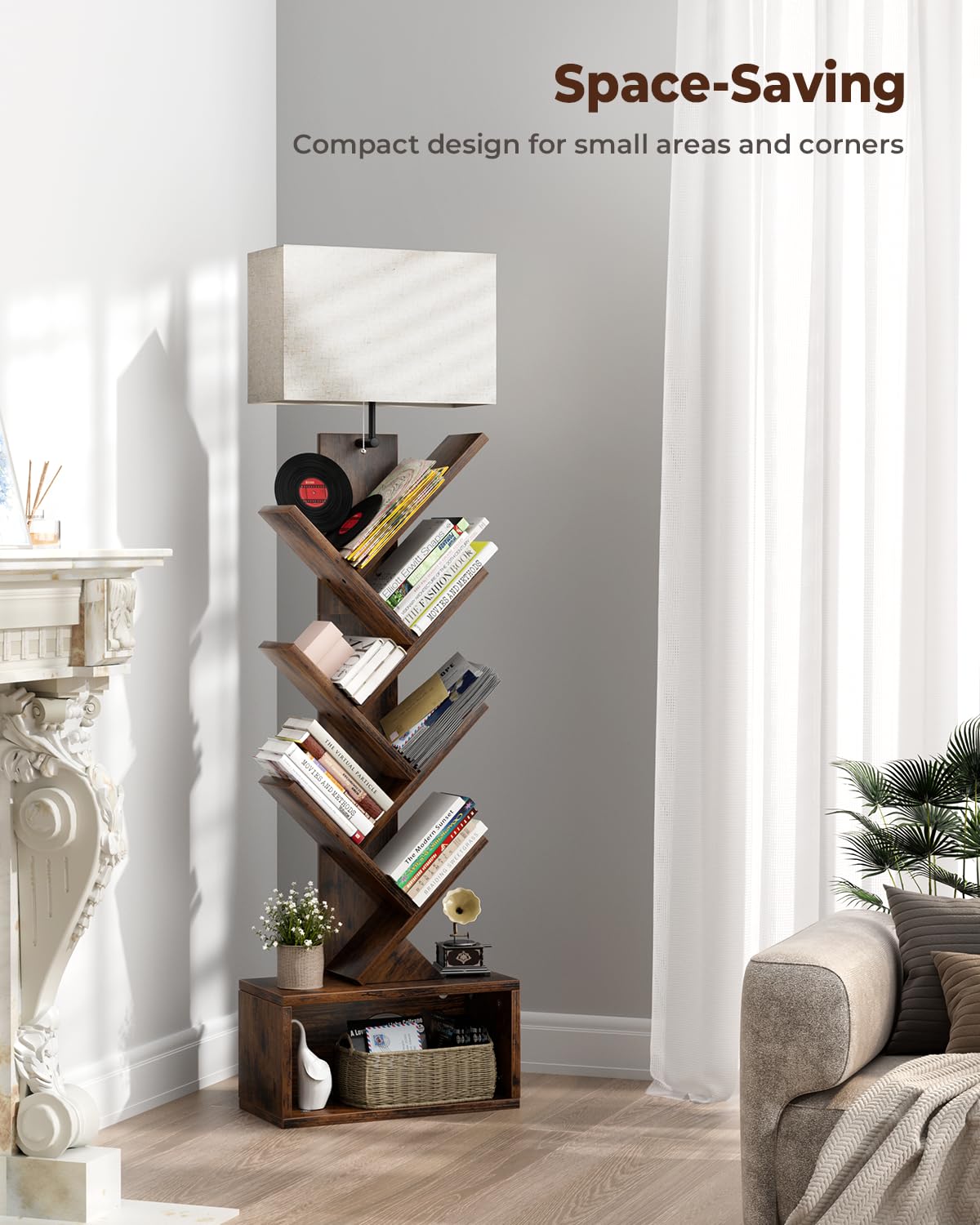 Evermagin 6 Tier Tree Bookshelf with Light, Narrow Bookcase Tower, Tall Floor Standing Book Organizer with Storage Cabinet for Living Room, Bedroom and Home Office, Rustic Brown