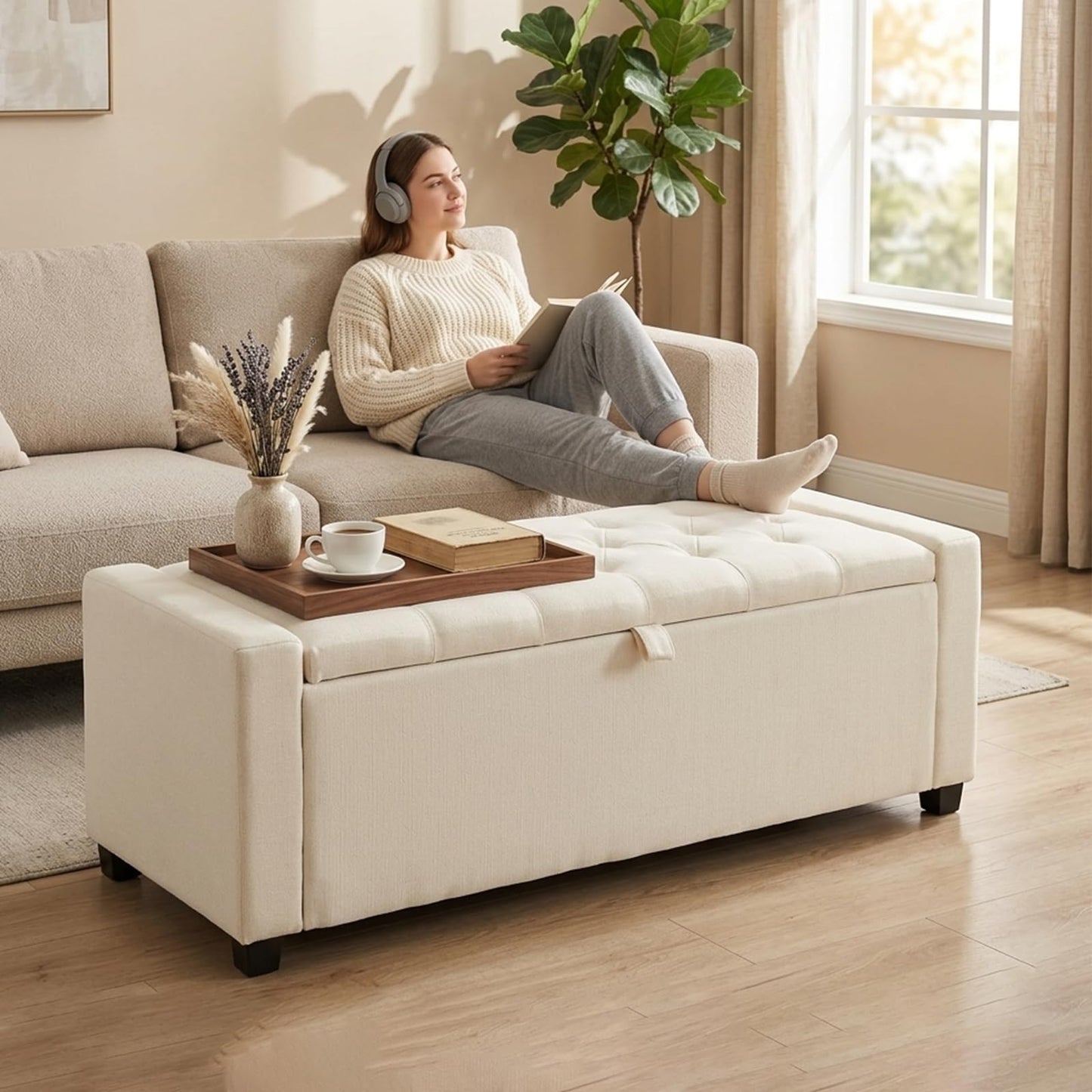2BYF 47" Beige Storage Ottoman, Multi-Functional Shoe Bench Seat for Living