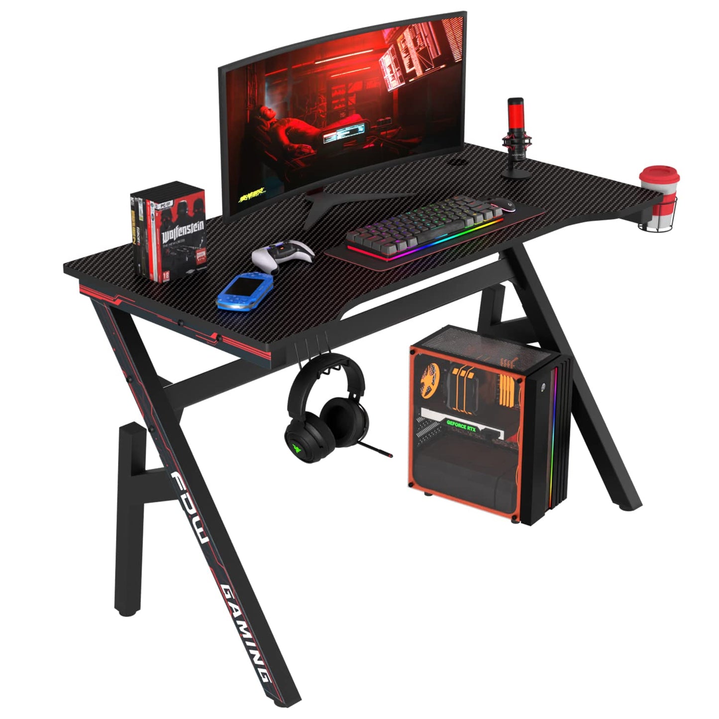 Home Mesh Office Chair and 47 Inch Gaming Desk with Carbon Fiber Table for Computer Gamer Workstation