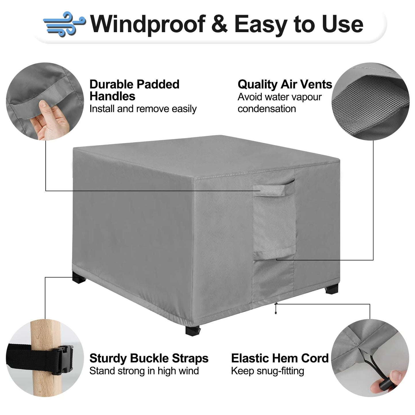 OutdoorLines Outdoor Waterproof Patio Ottoman Covers - Square UV-Proof Patio Side Table Cover Windproof Heavy-Duty Furniture Covering Protector 21L x 21W x 17H Inch, Grey