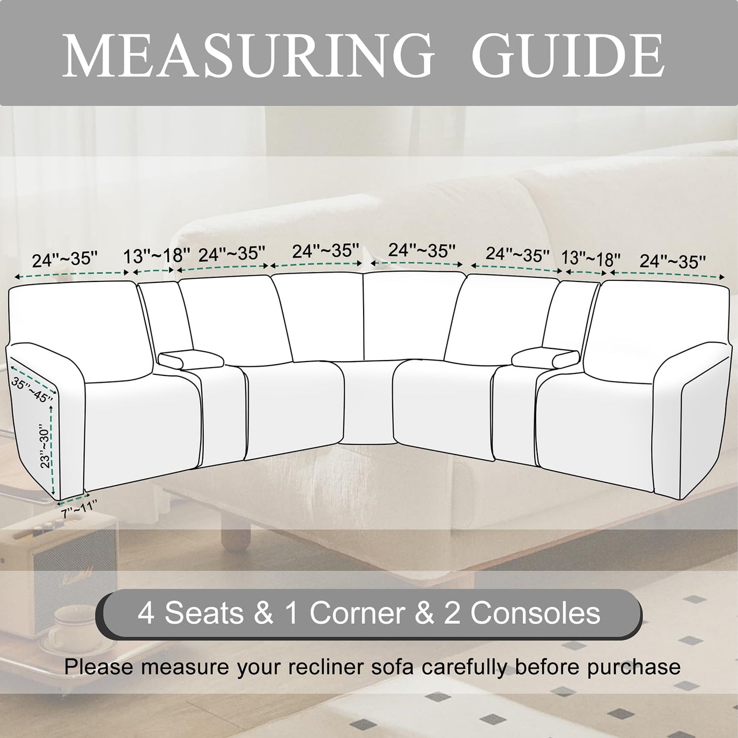 HDCAXKJ Reclining Sectional Couch Covers Velvet L Shaped Sectional Sofa Cover Washable Stretch Soft Corner Recliner Slipcover with Non-Slip Elastic Bottom (5 Seat and 2 Middle Console, Cream)