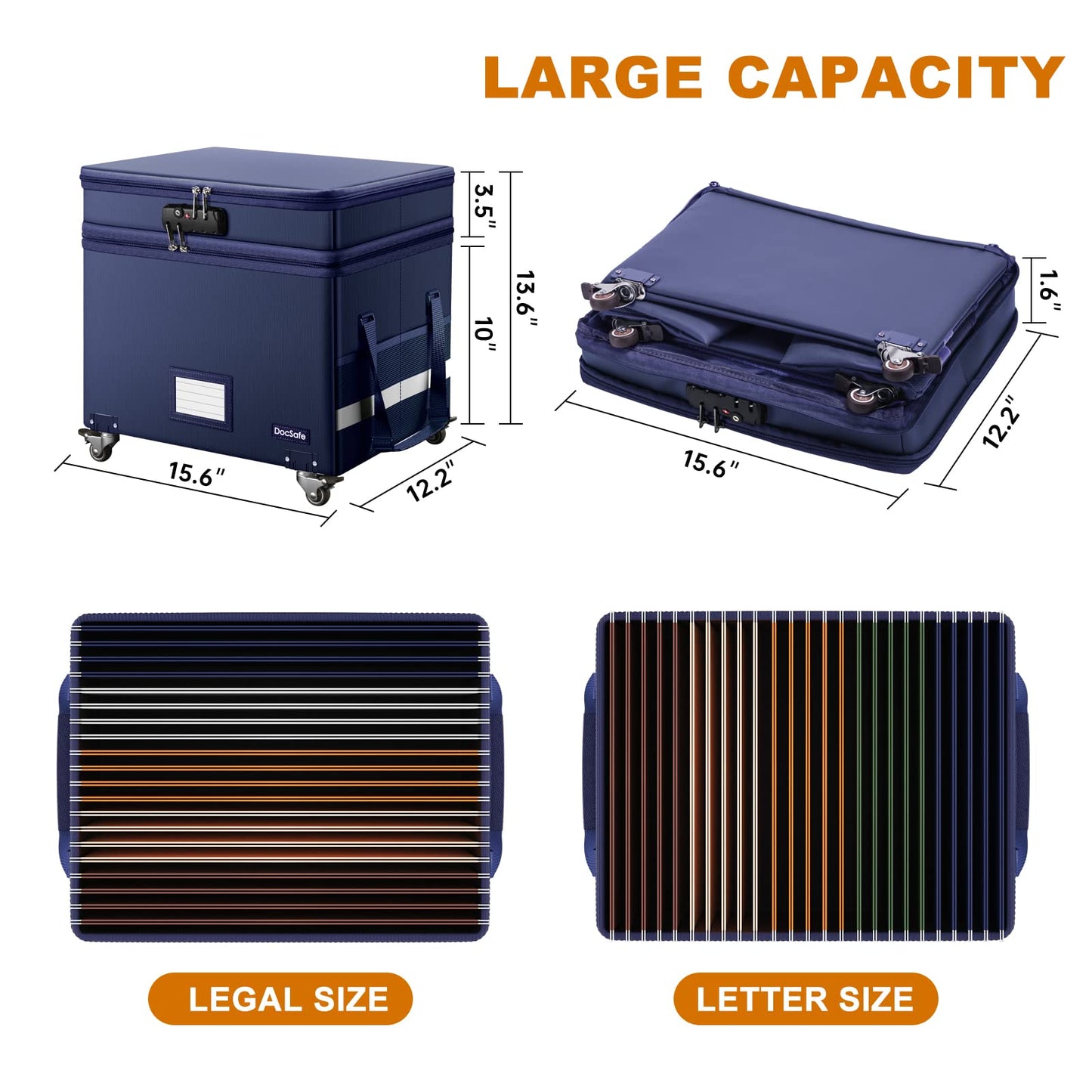 DocSafe File Box with Lock, 2-Layer Fireproof Document Box with Wheels,Collapsible File Storage Organizer with Pockets,Large Portable Office Filing Cabinet Hanging Folders,Blue,16''x13.8''x12.2''
