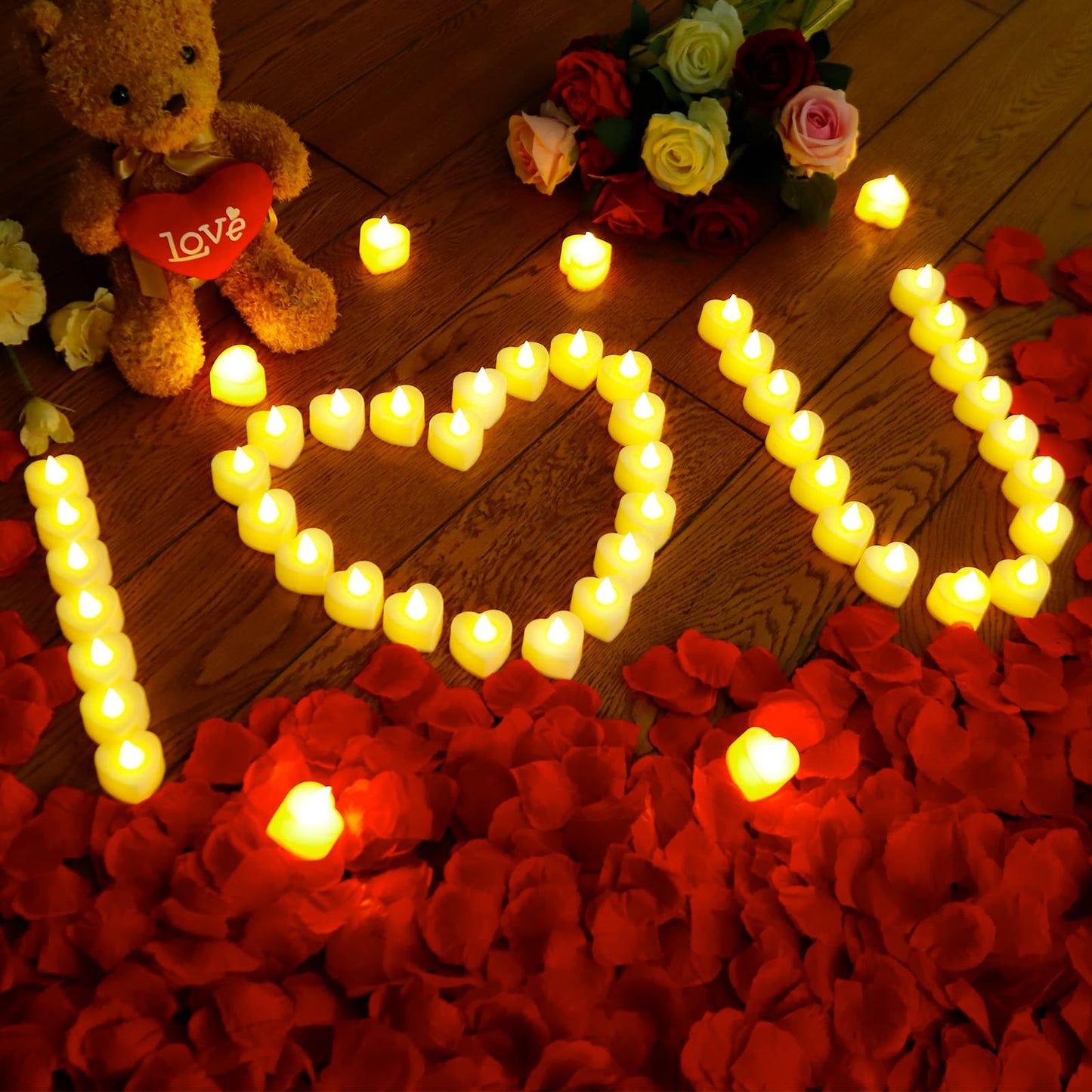 JMUQ 4000 Pieces Artificial Rose Petals with 48 Pieces Romantic Heart Led Tealight Candles, Rose Petals and Candles Set for Weddings Anniversaries Proposals Decor(Warm White Light)