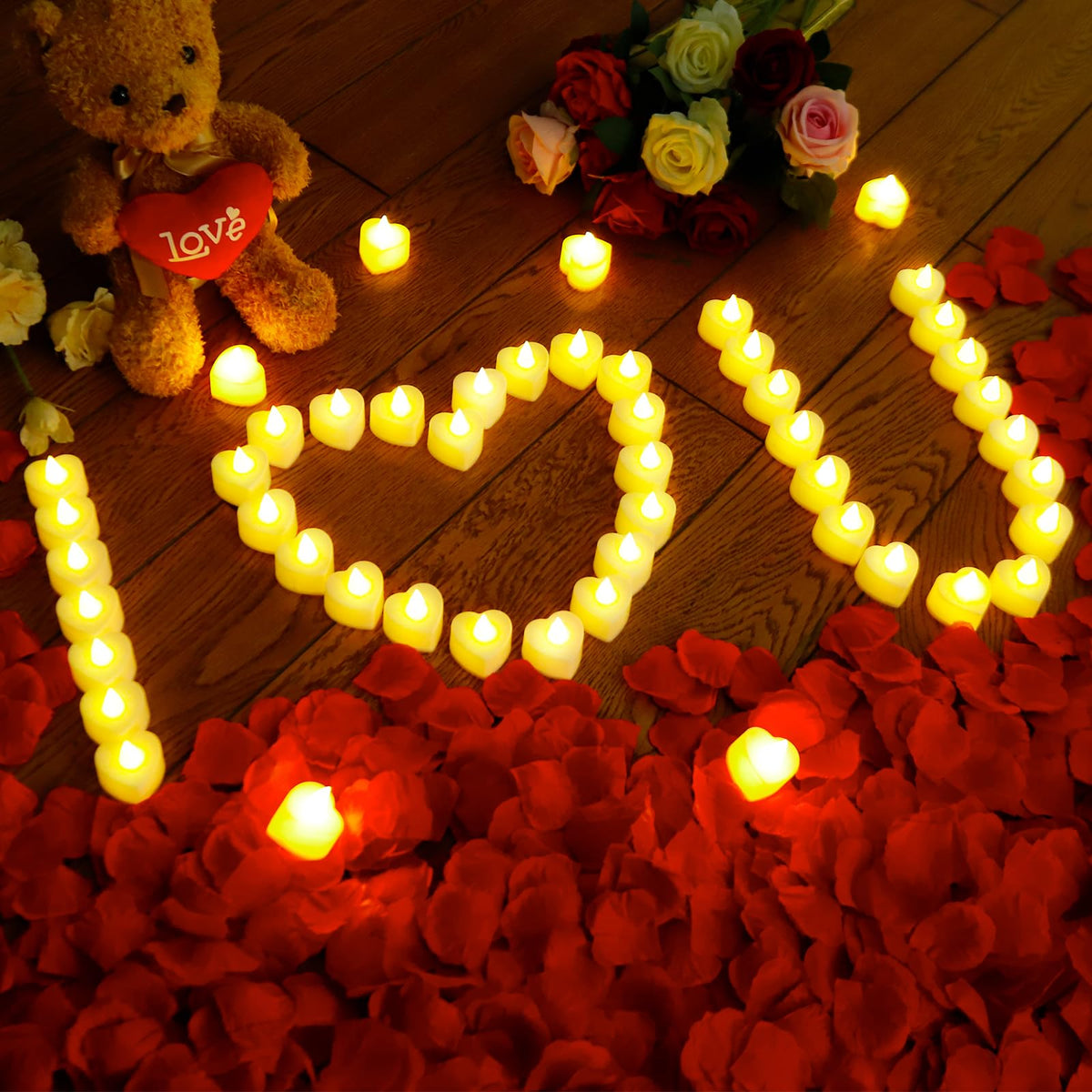 JMUQ 9000 Pieces Artificial Rose Petals with 96 Pieces Romantic Heart Led Tealight Candles, Rose Petals and Candles Set for Weddings Anniversaries Proposals Decor(Warm White Light)