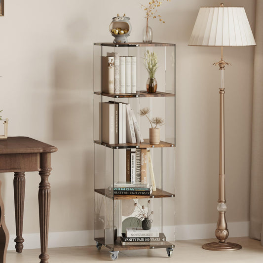 Sttoraboks 4 Tier Display Cabinet, Bookshelf, Bookcase, Display Shelf with Wheels, Floor Standing Curio Cabinet, Book Shelf with Acrylic and Wood, Display Case Trophy Case for Living Room Study