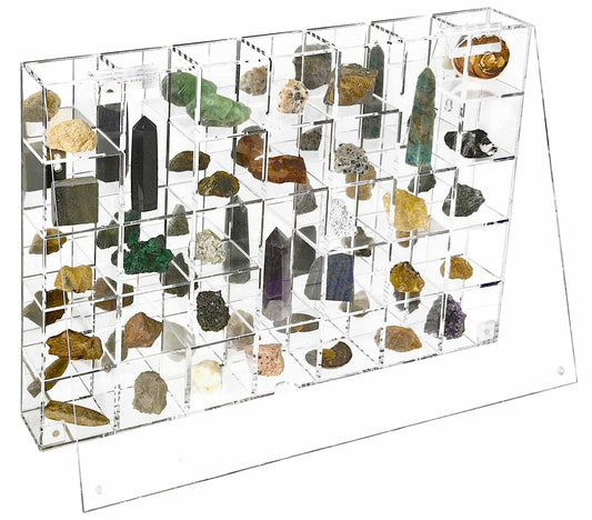 Adjustable Acrylic Display Case Clear Wall Mounted or Desktop 35 Room Storage Cabinet Organizer for Collectibles, Figures, Rock Collection, with Mirrored & Lid…