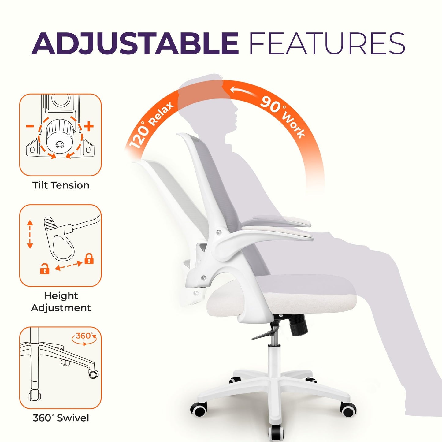 NEO CHAIR Office Desk Gaming Ergonomic Computer Chair with Lumbar Back Support Adjustable Height Swivel Rolling Wheels Flip-up Arms Mesh Chair for Home Vanity (Ivory)