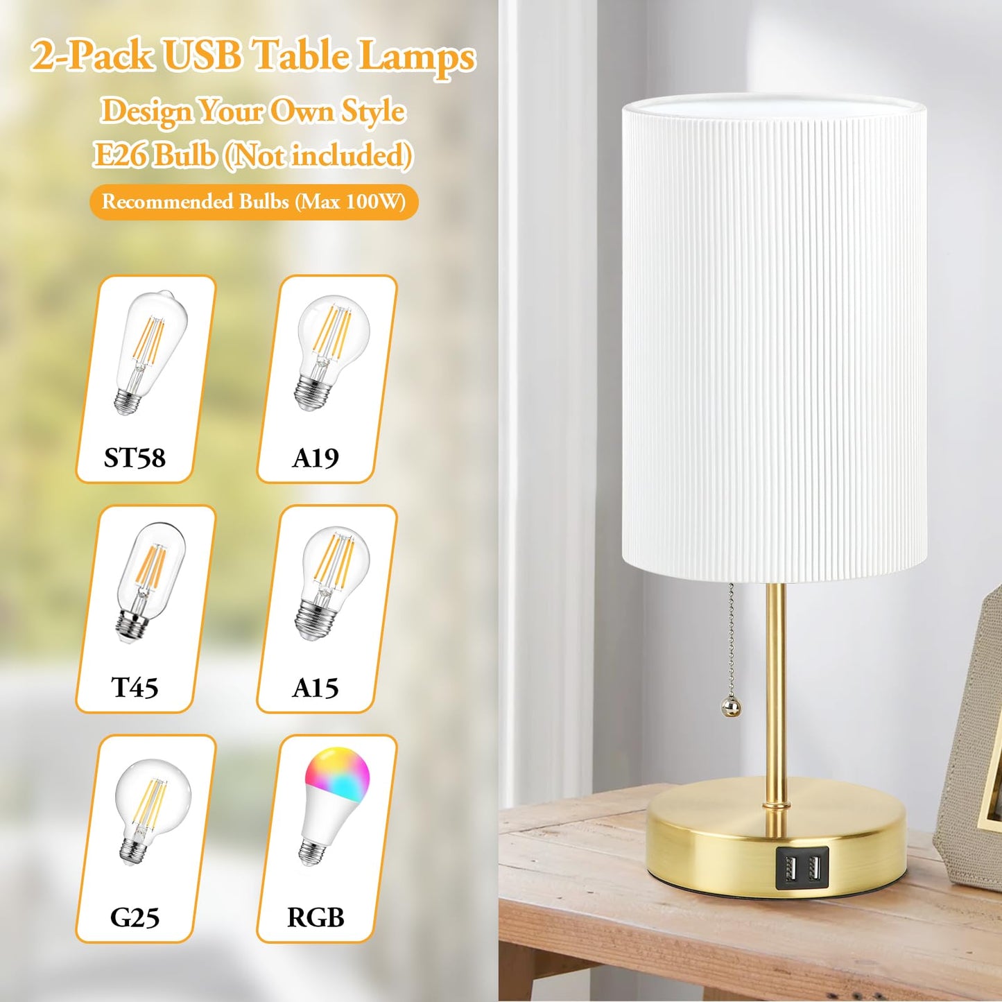 Lakumu 2 Sets Table Lamps with 2 USB, Minimalist Beside Lamps for Bedroom, Nightstand Lamp with Pull Chain, Desk Lamps with White Pleated Shade and Gold Metal Base for Living Room Dorm Reading Hotel