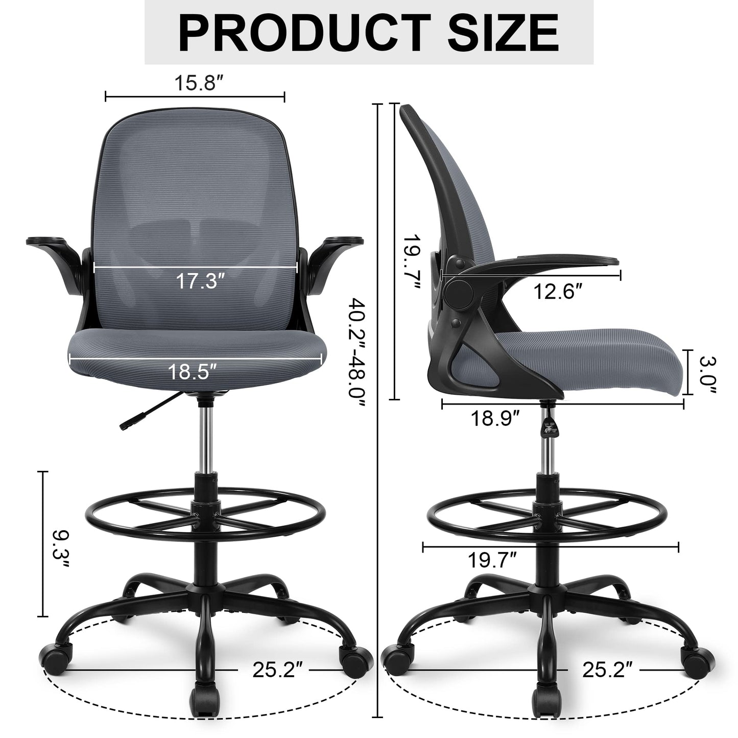 Primy Drafting Chair Tall Office Chair with Flip-up Armrests Executive Ergonomic Computer Standing Desk Chair with Lumbar Support and Adjustable Footrest Ring（Dark Gray）
