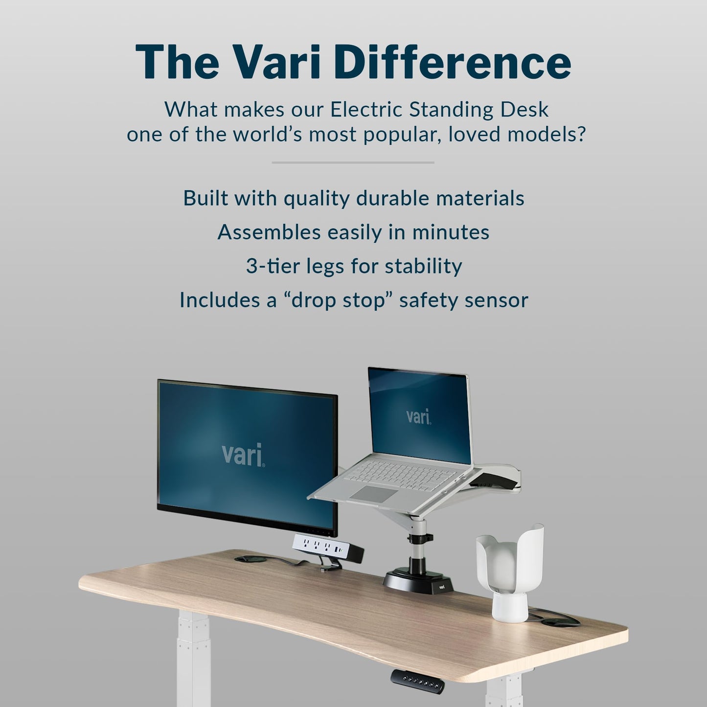 Vari Ergo 54x26 Electric Standing Desk – Height Adjustable Sit Stand VariDesk + Curved Waterfall Edge, 4 Memory Settings, Quick Assembly, Cable Management, 200 lb Capacity – Light Wood (2 Boxes)