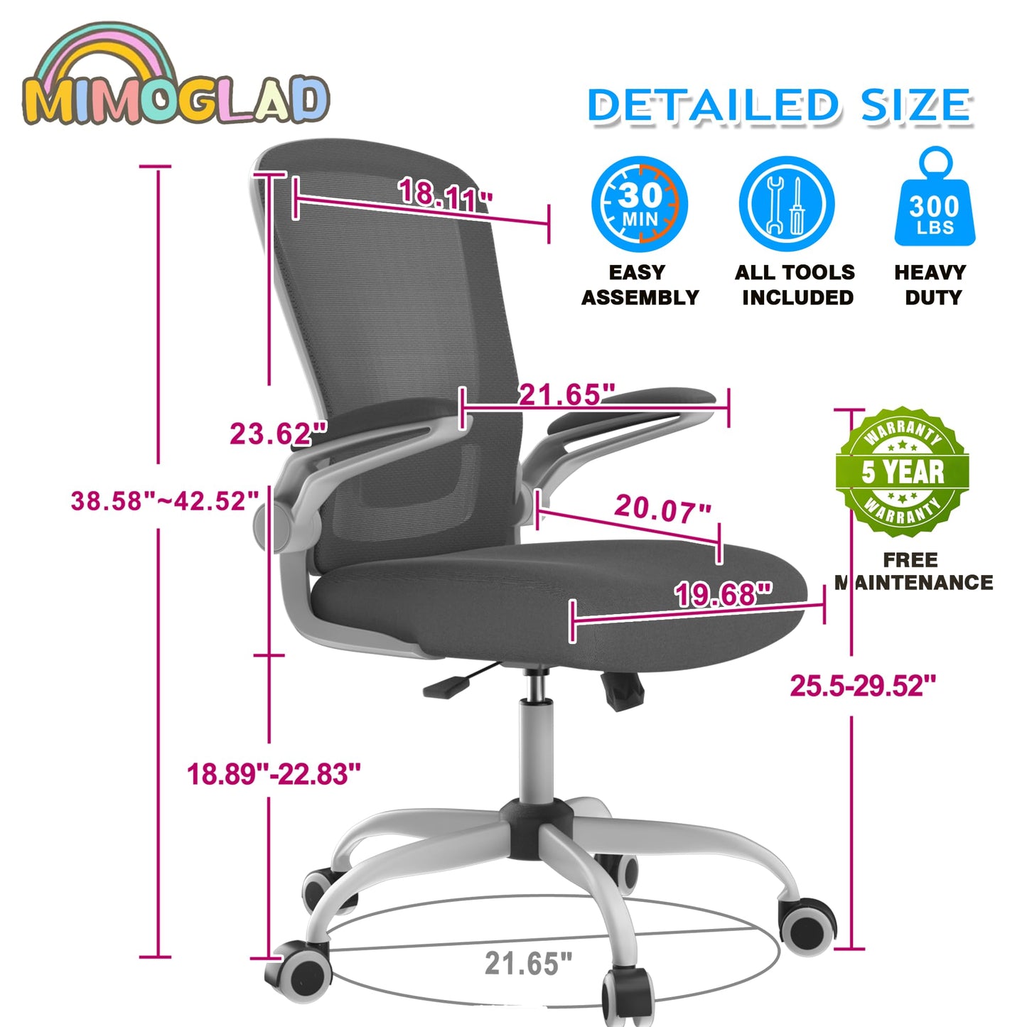 Mimoglad Home Office Chair, High Back Desk Chair, Ergonomic Mesh Computer Chair with Adjustable Lumbar Support and Thickened Seat Cushion