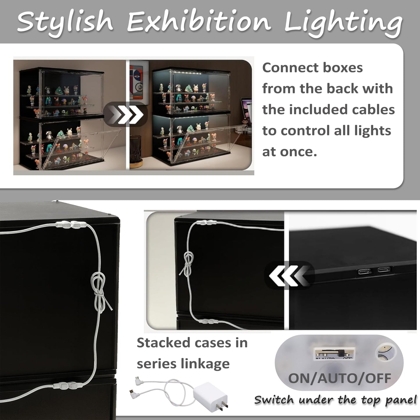 VERSSURE Clear Display Case for Collectibles, 3-Tier Stackable LED Figure Display Case with Magnetic Door, Adjustable Showcase for Models, Miniatures, Jewly (Black, 8.8“H-1PC)