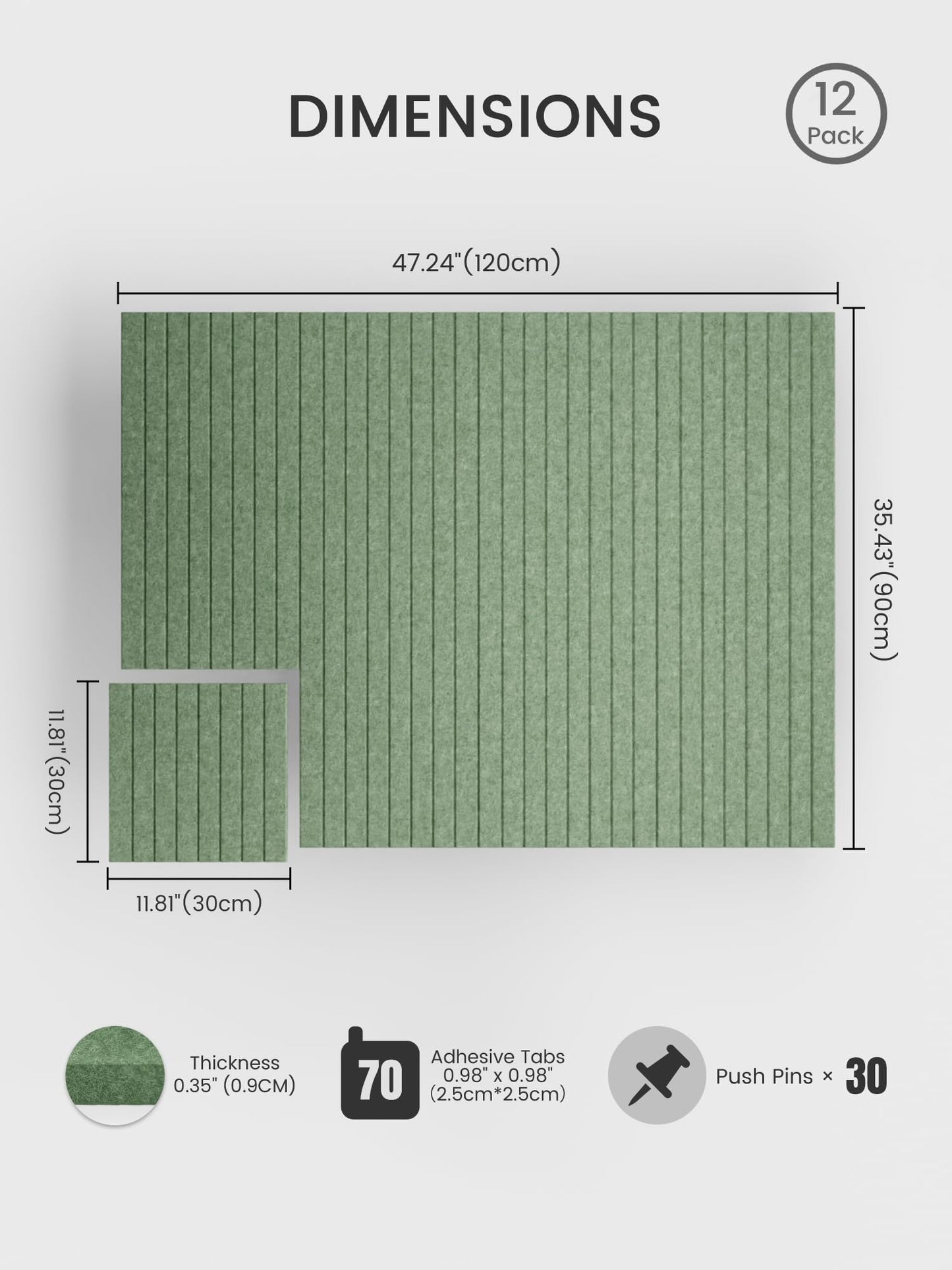 Bumusty Large Cork Board Alternative-48 x 36" Felt Bulletin Board Tiles, with 30 Pushpins, 70 Adhesive Tabs, Fine-Stripe 12-Pack, Cork Boards for Office Push Pin Board Felt Board-Moss Green