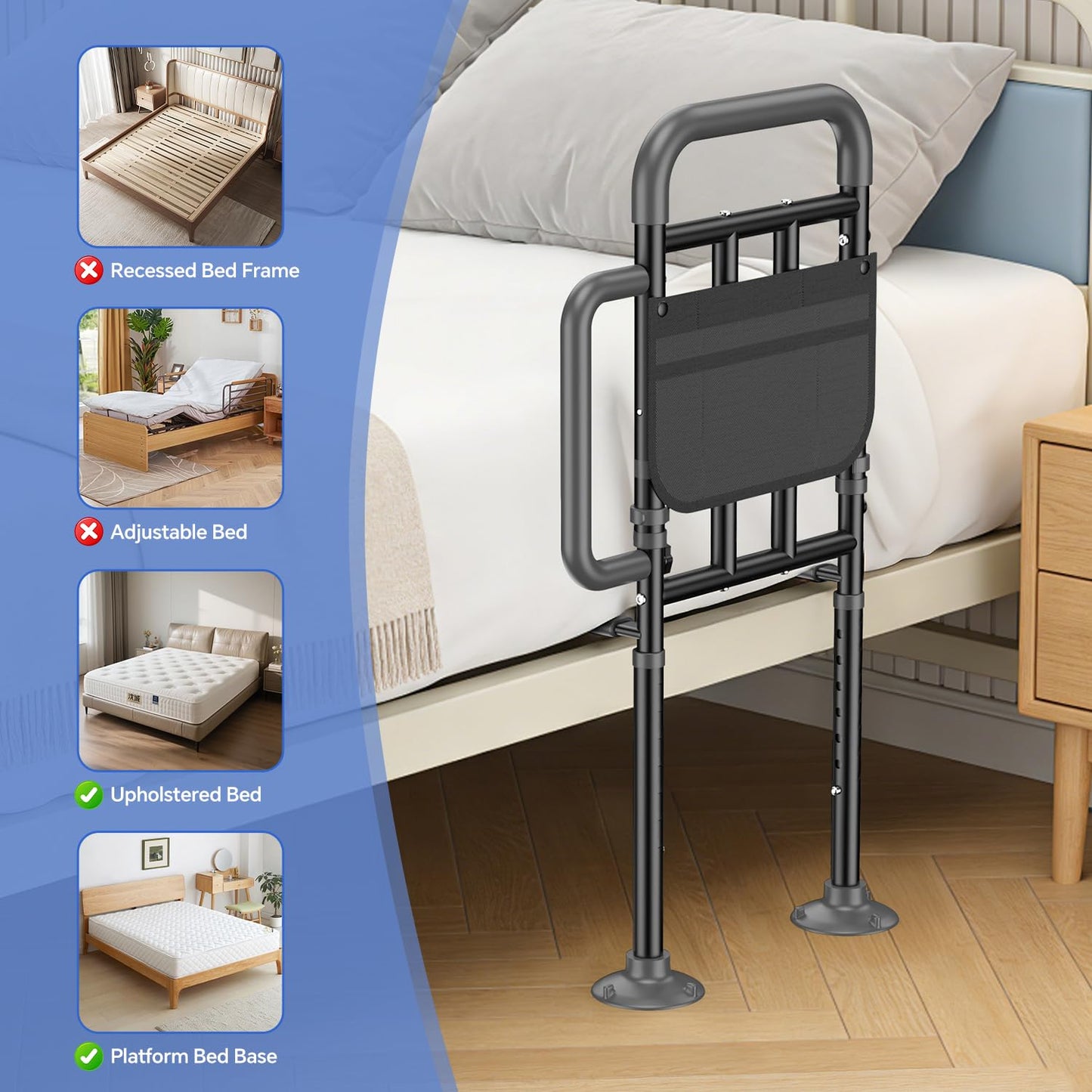 JNALIRC Bed Rails for Elderly Adults Safety with Non-Slip Handle，Adjustable Bed Assist Rail, ASTM Approved, 400 lb Capacity, Fixing Strap & Storage Pocket, Fits Twin/Full/Queen/King