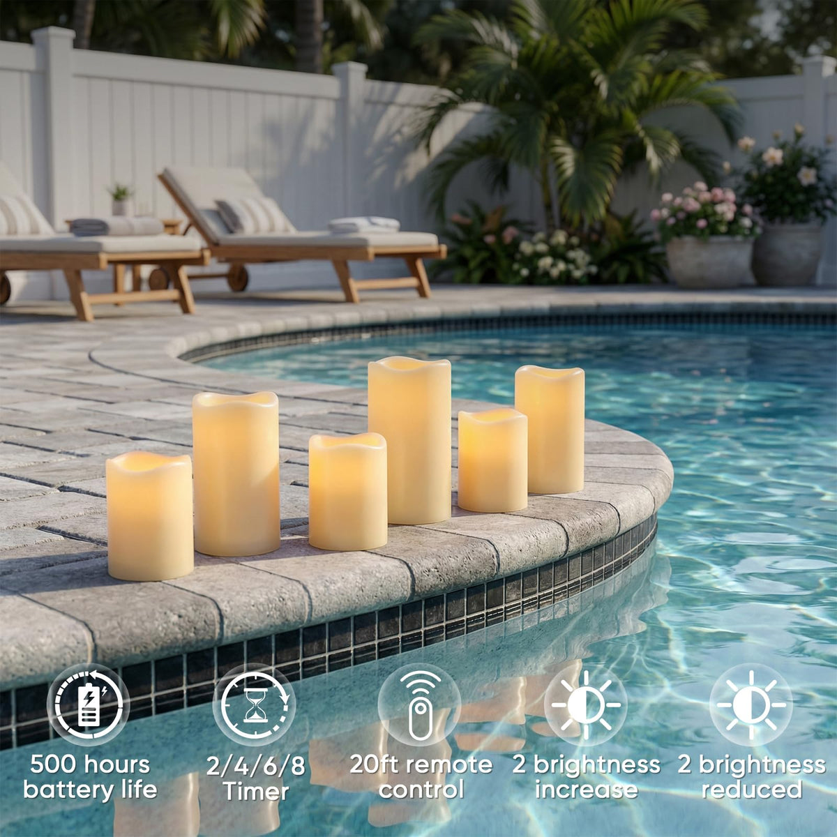 Amagic 3" x 6" Waterproof Outdoor Flameless Candles, Battery Operated Candles with Remote and Timer, Flickering LED Pillar Candle for Outside Patio Garden and Indoor Home Decor, Ivory, Set of 2