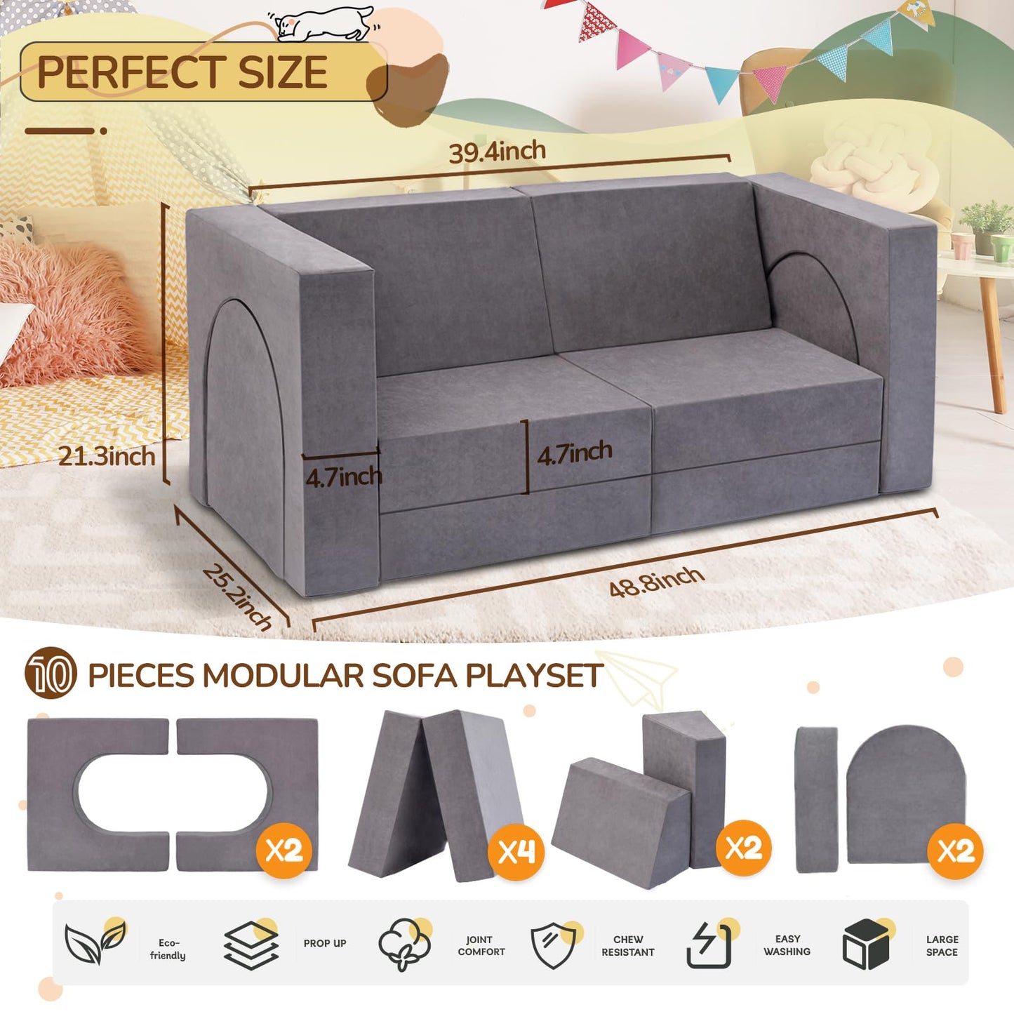 Fvkind 10 Pcs Modular Kids Play Couch, Multifunctional Foam Kids Couch for Playroom, Convertible Sectional Toddler Sofa for Boys and Girls, Toddler Sofa with Premium Foam and Washable Cover, Grey