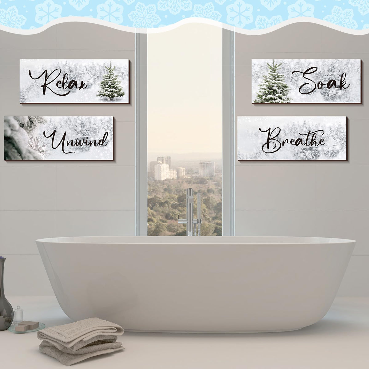 Huwena 4 Pcs Winter Bathroom Wall Decor Winter Wooden Decor Relax Soak Breathe Unwind Art Hanging Wall Pediments Rustic Xmas Wooden Sign for Xmas Home Living Room Laundry Spa(Tree)