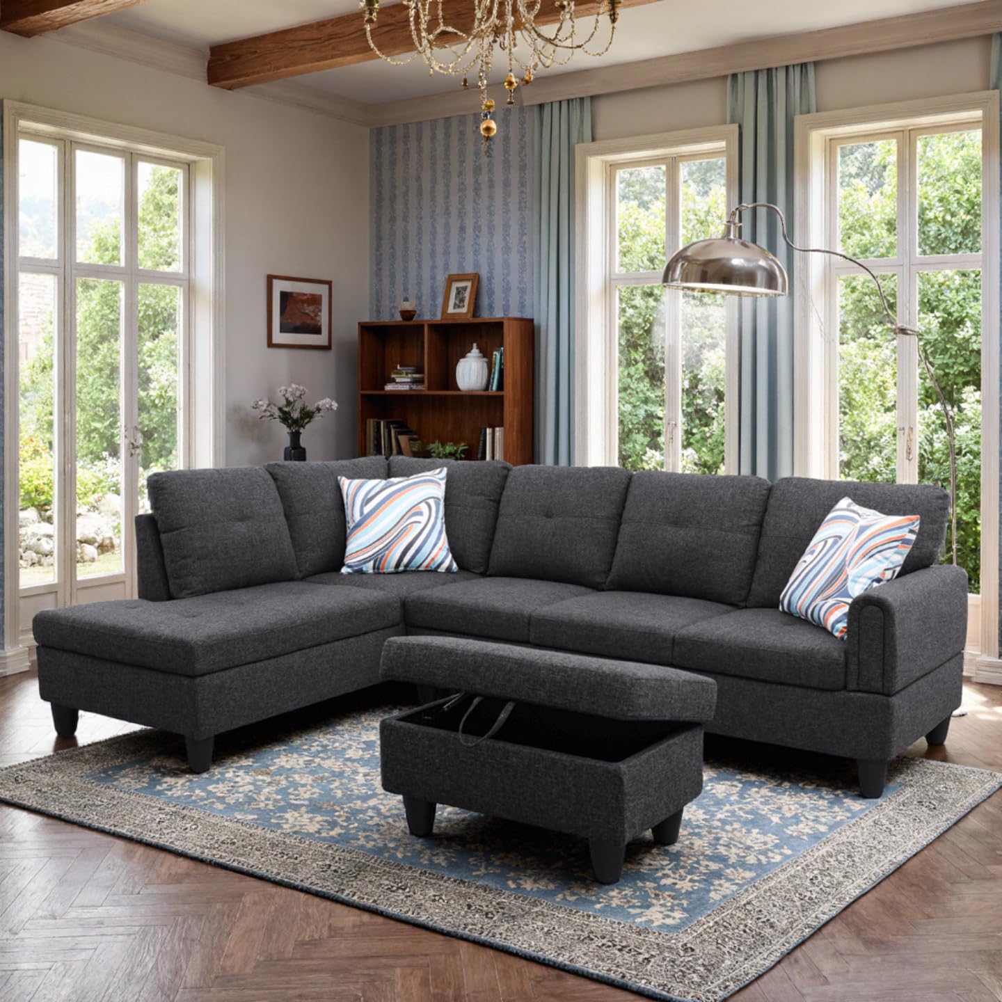 Trygoal 97" L Shaped Couch Sectional Couches with Chaise and Storage Ottoman, 3 Pieces Modular Convertible Sofa for Living Room Furniture Sets and Small Apartment, Black Grey
