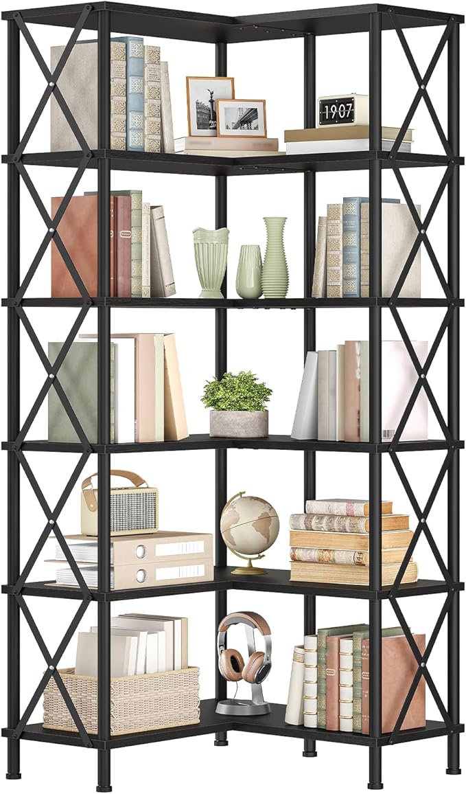 HOOBRO Corner Bookshelf, 6-Tier L-Shaped Bookcase, Industrial Open Display