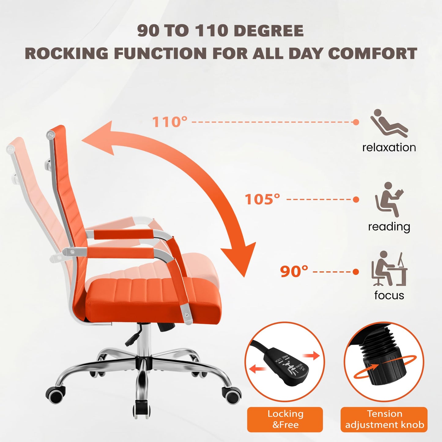 Furmax Ergonomic Office Desk Chair, Executive Ribbed Mid-Back PU Leather Conference Room Chair Adjustable Swivel Chair with Arms (1, Orange)