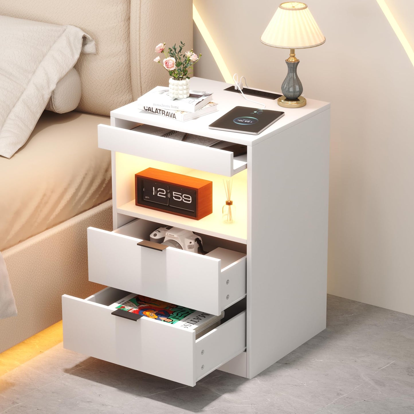 Yusong Night Stand, Bedside Table, LED Nightstand with Charging Station, Modern Night Stand, Wood Sofa Couch End Side Table with 2 Pull-Out Shelf (White 001)
