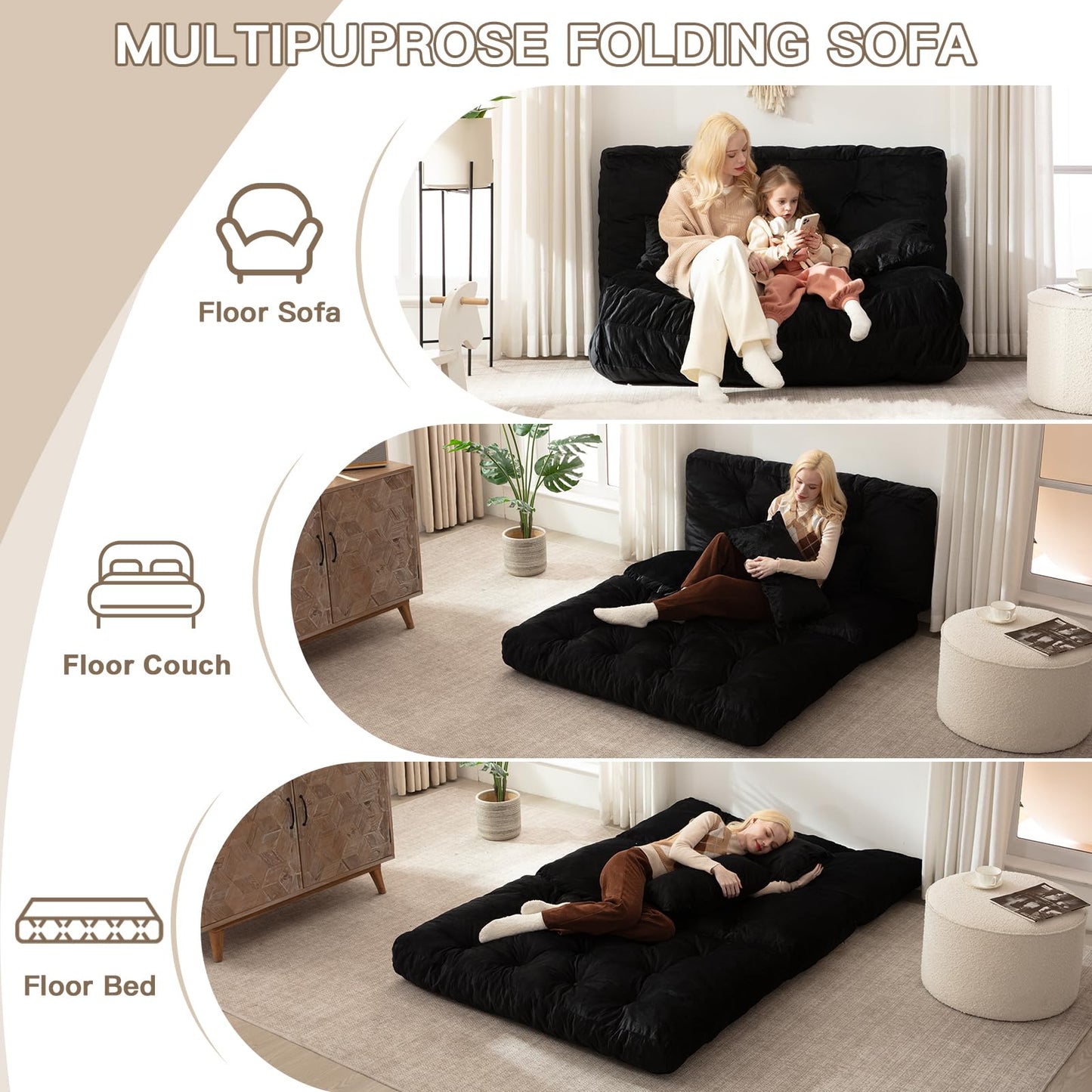 Folding Sofa Bed, Convertible Sleeper Chair with Pillow Foldable Mattress with Back Support, Portable Fold Out Chair Bed Comfy Floor Sofa Lounge for Living Room Bedroom, Black Twin 80x39 Inch