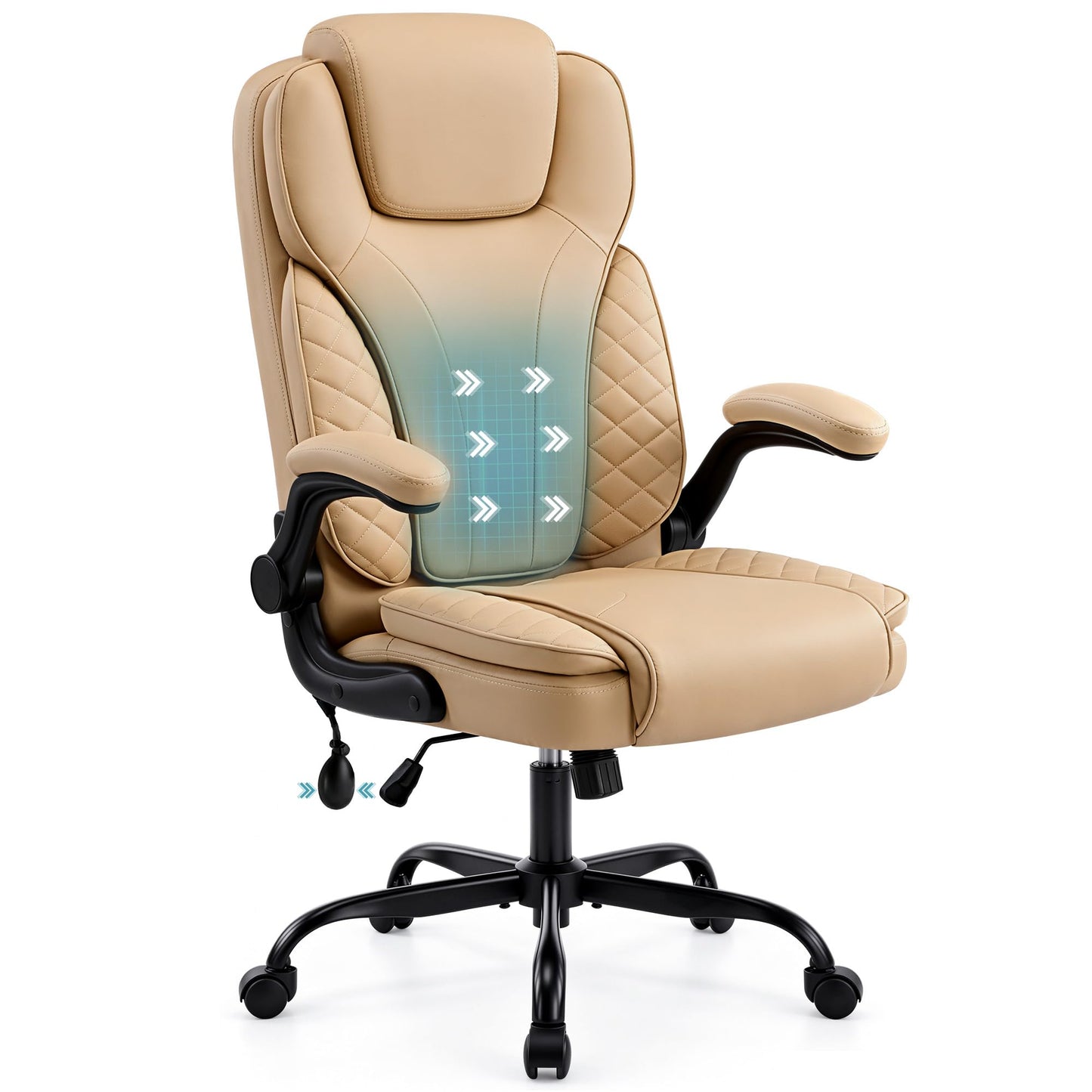 Hayelf Ergonomic Office Chair, PU Leather High Back Executive Chair with Adjustable Inflatable Lumbar Support and Padded Flip-Up Arms, Recline Swivel Task Computer Chair for Home Office, Khaki